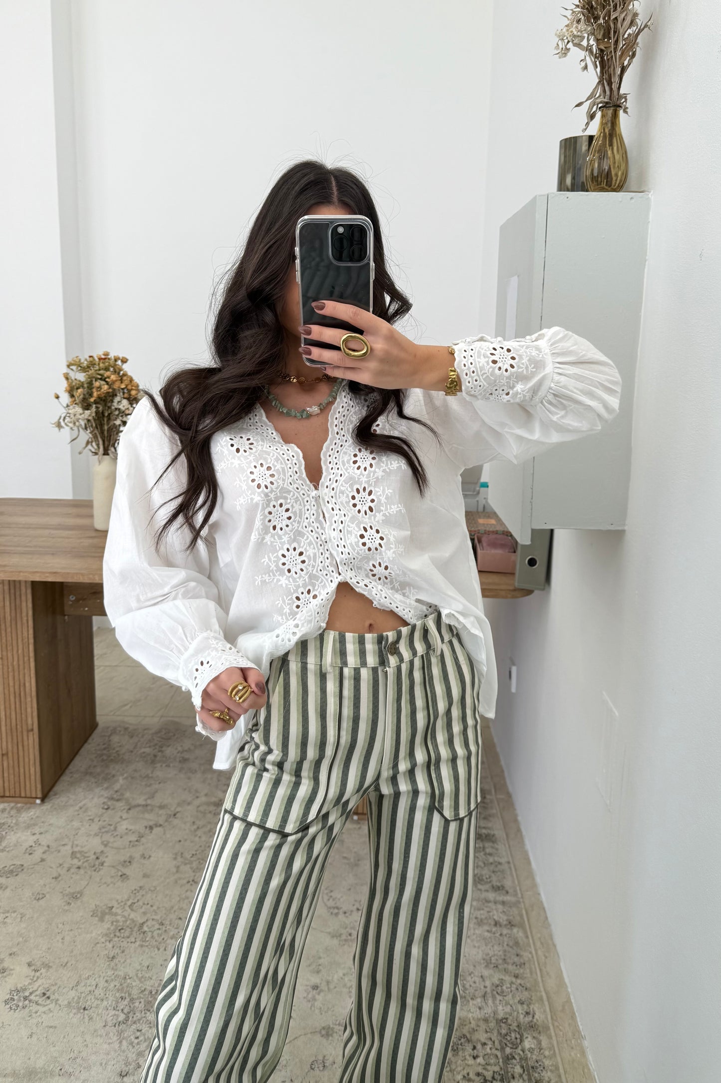 Green Striped Jeans with Front Pockets