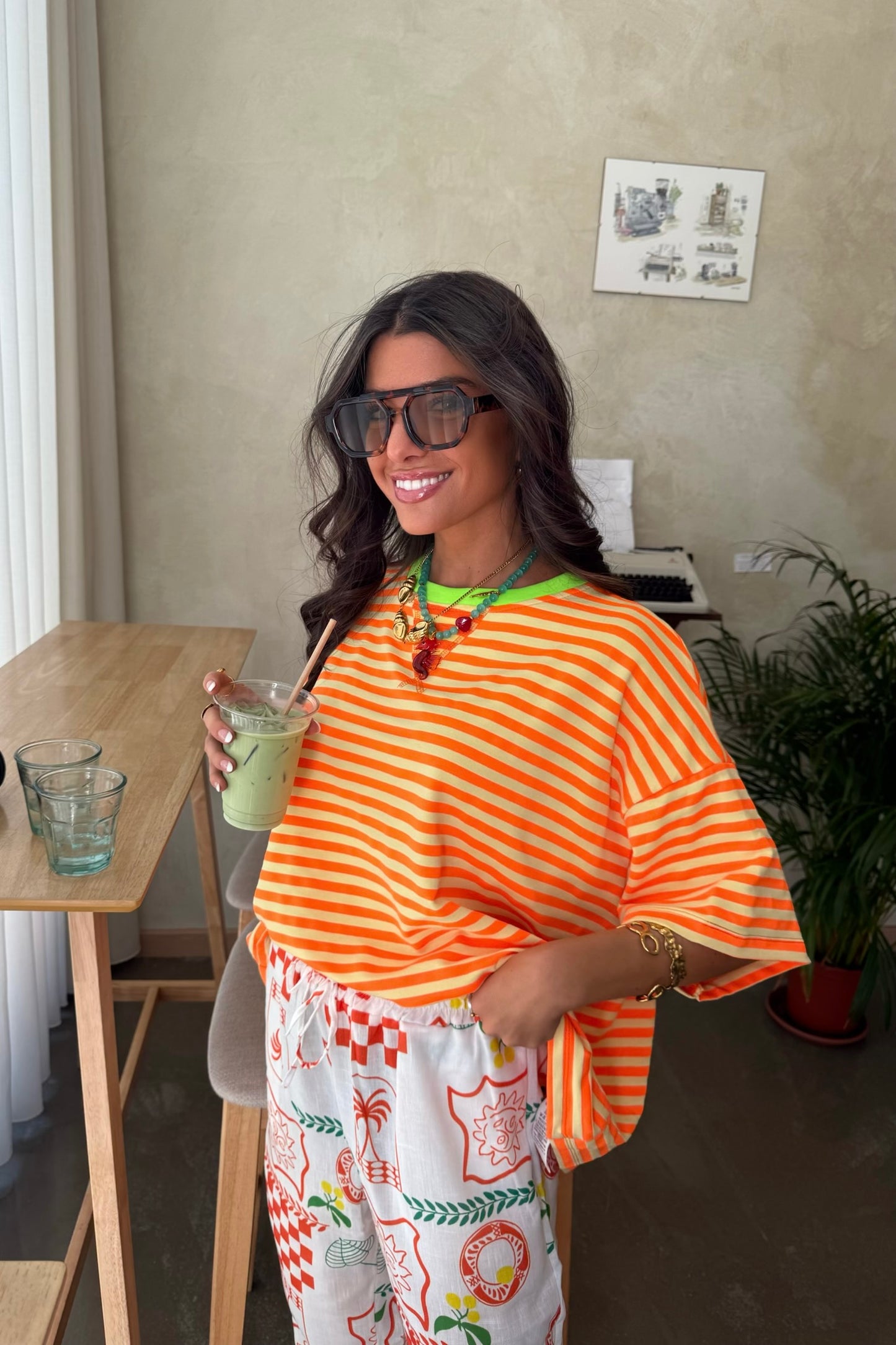 Fluorescent Striped T-Shirt: Yellow, Orange & a Touch of Green