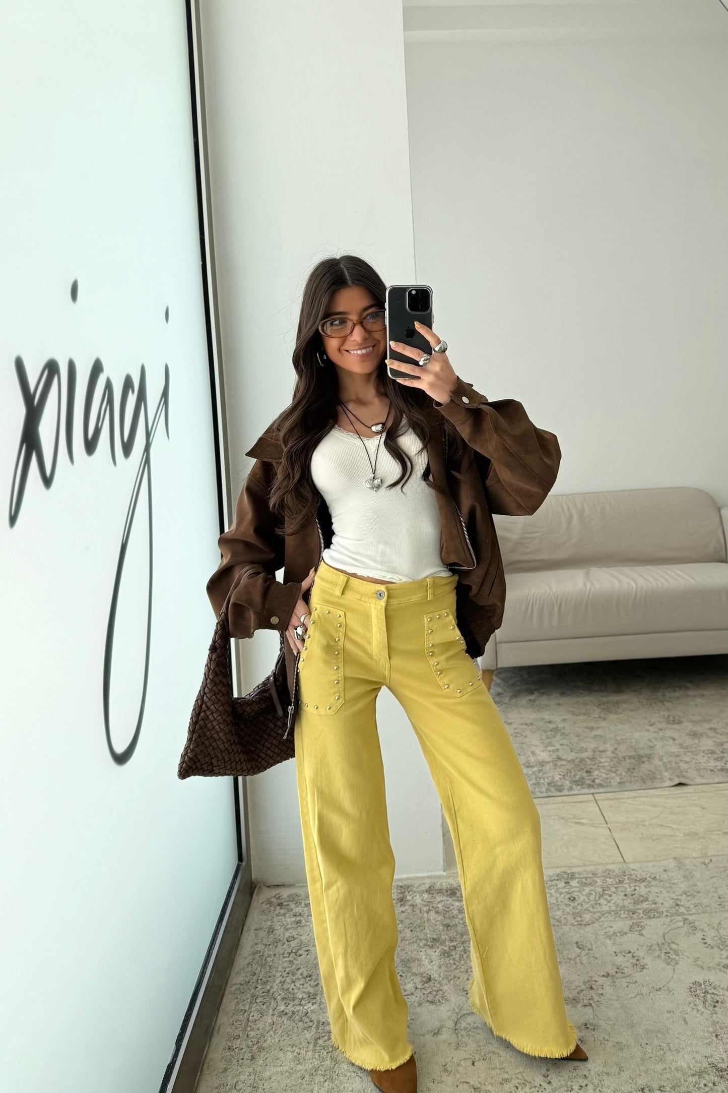 Yellow Jeans with Front Pockets and Studs