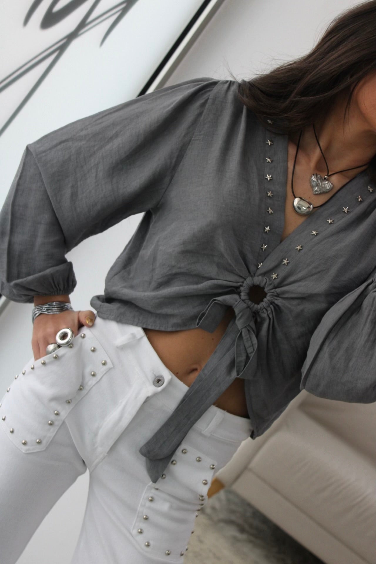 Cropped Top with Star Studs In Grey