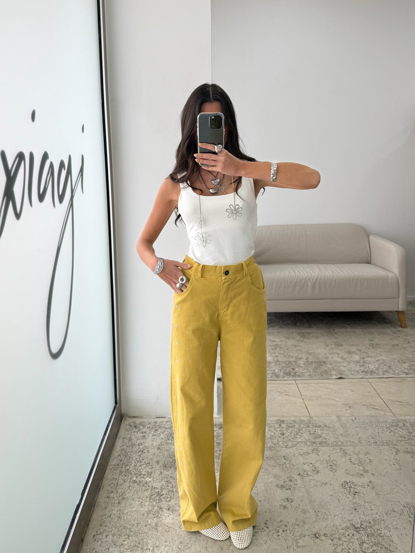 Mustard Jeans with Embroidered Details
