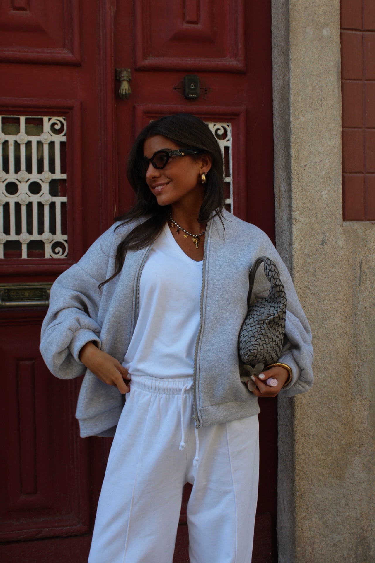 Love Back Bomber Jacket in Grey & Beige