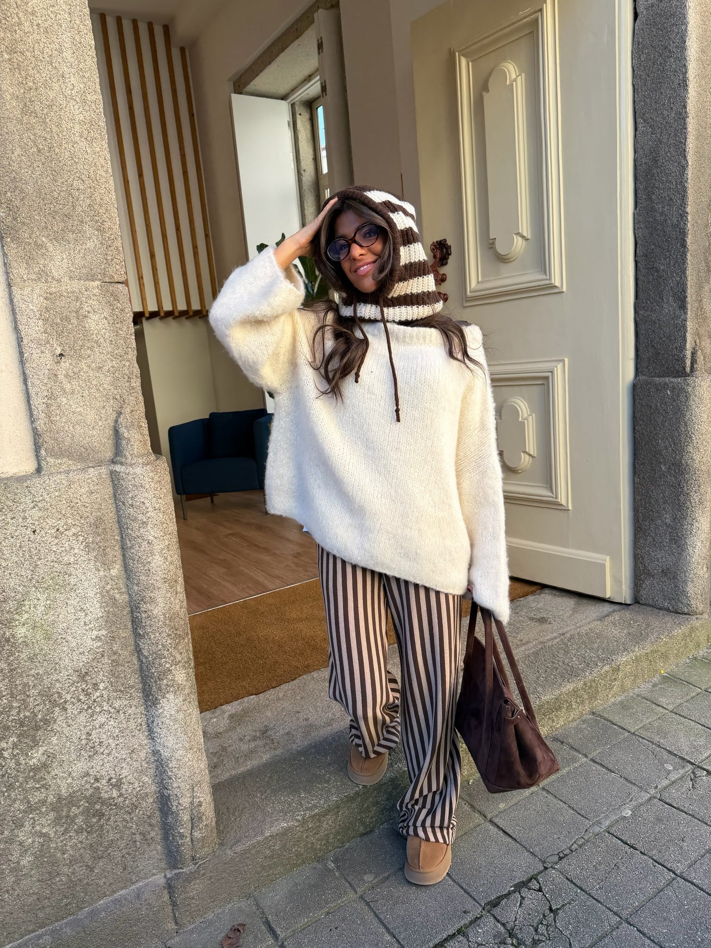 Brown & White Striped Balaclava