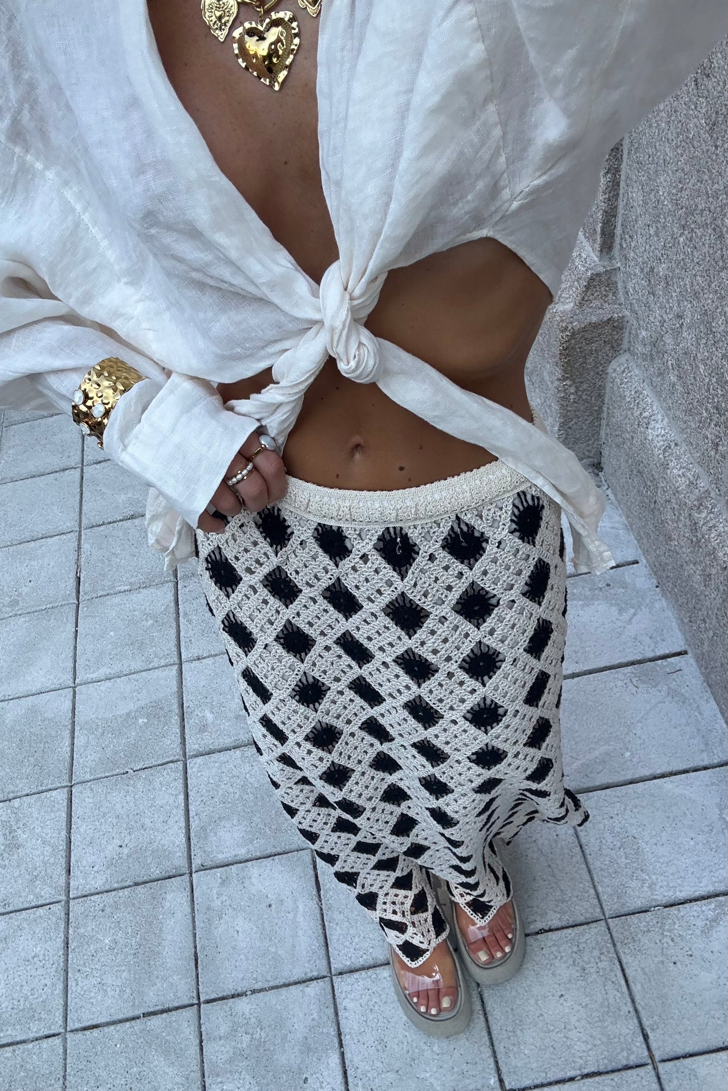 Two-Tone Crochet Maxi Skirt: Beige and Black