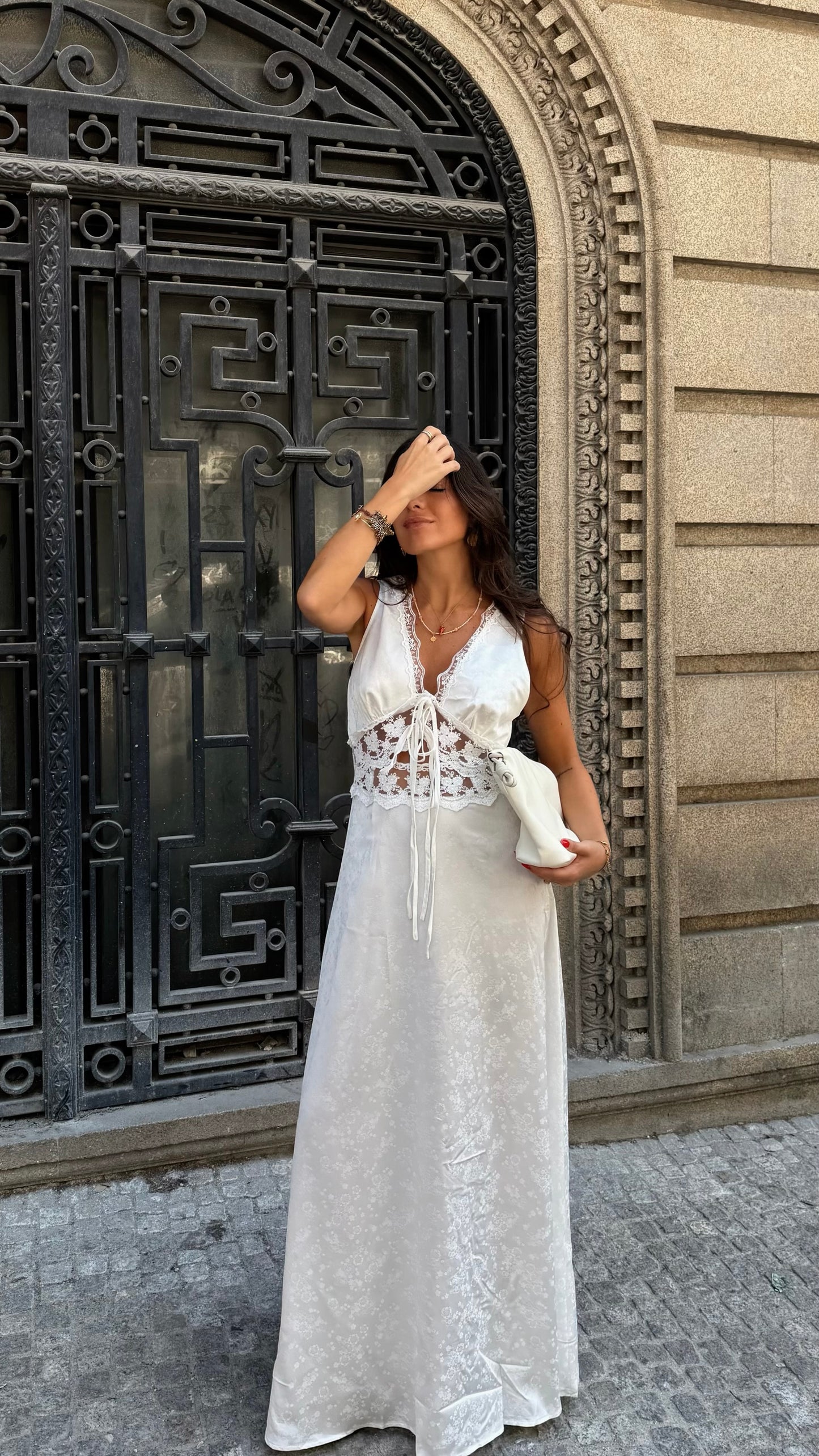 White Satin Lace Maxi Dress