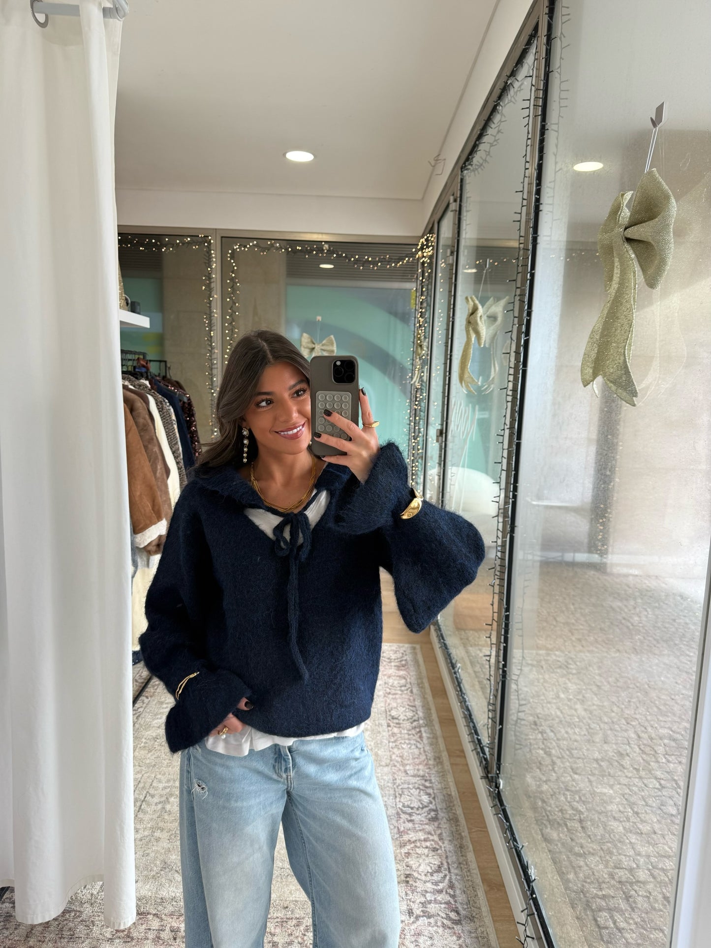 Navy Bow Knit Sweater