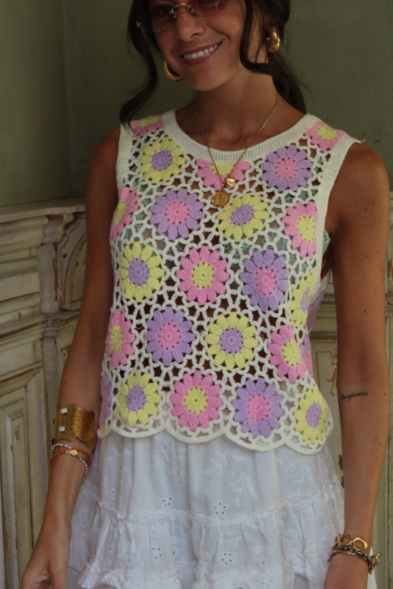 Pastel Bloom Crochet Top – Lilac & Butter Yellow
