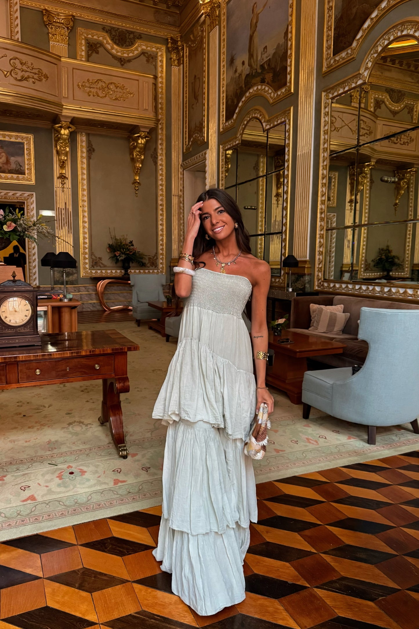 Long Sage Green Ruffle Dress