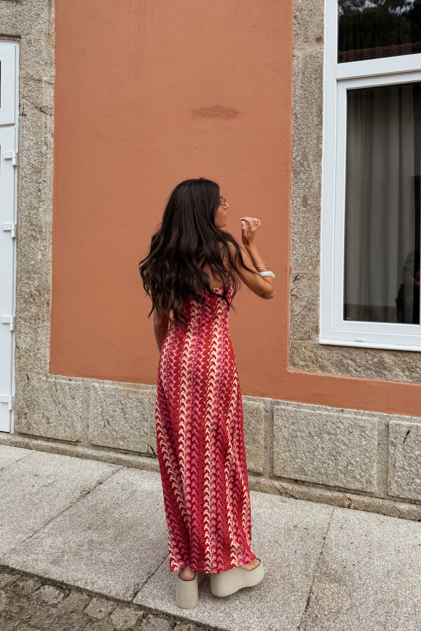Maxi Crochet Dress in Vibrant Shades of Red and Pink