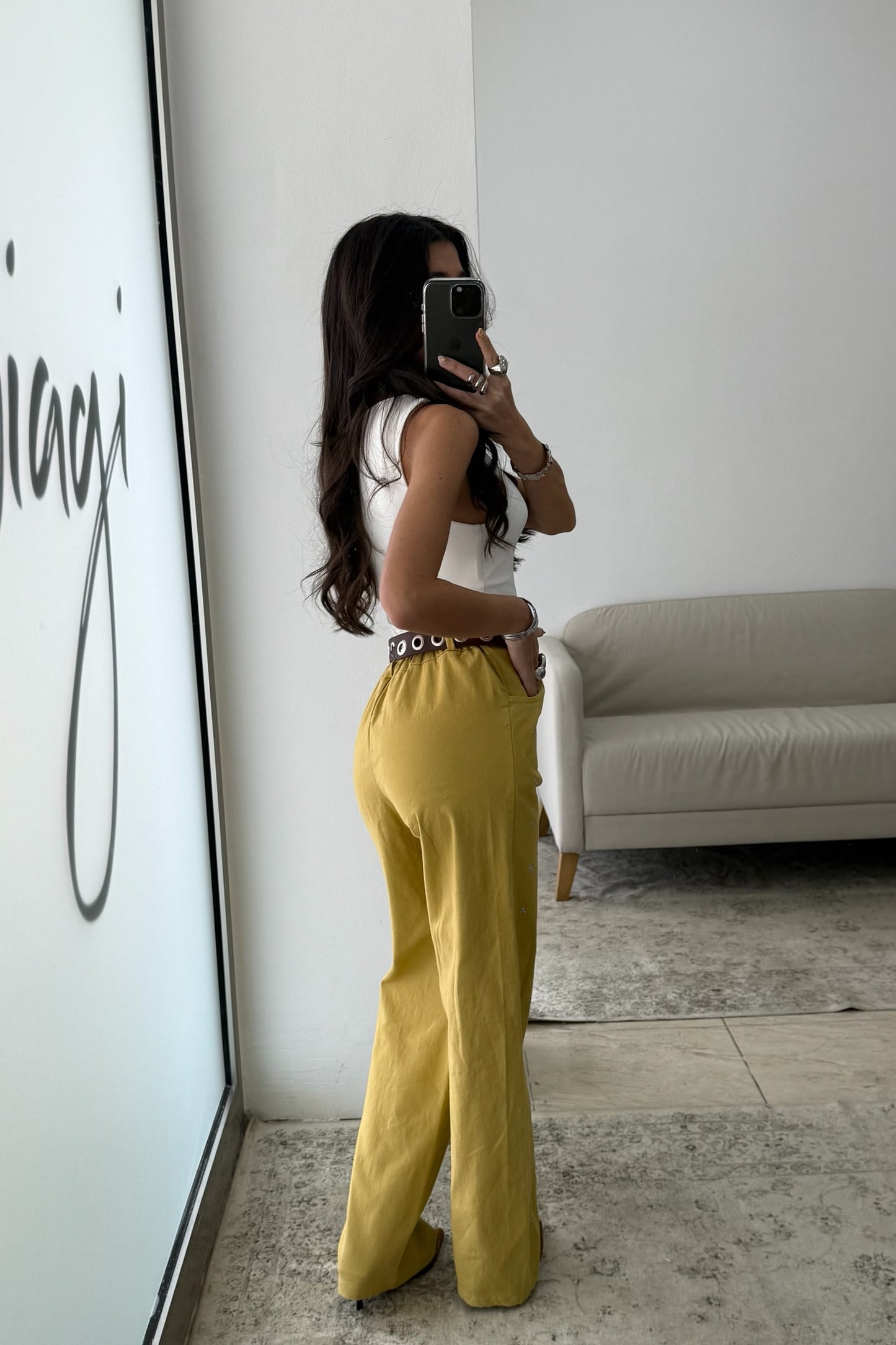 Mustard Jeans with Embroidered Details