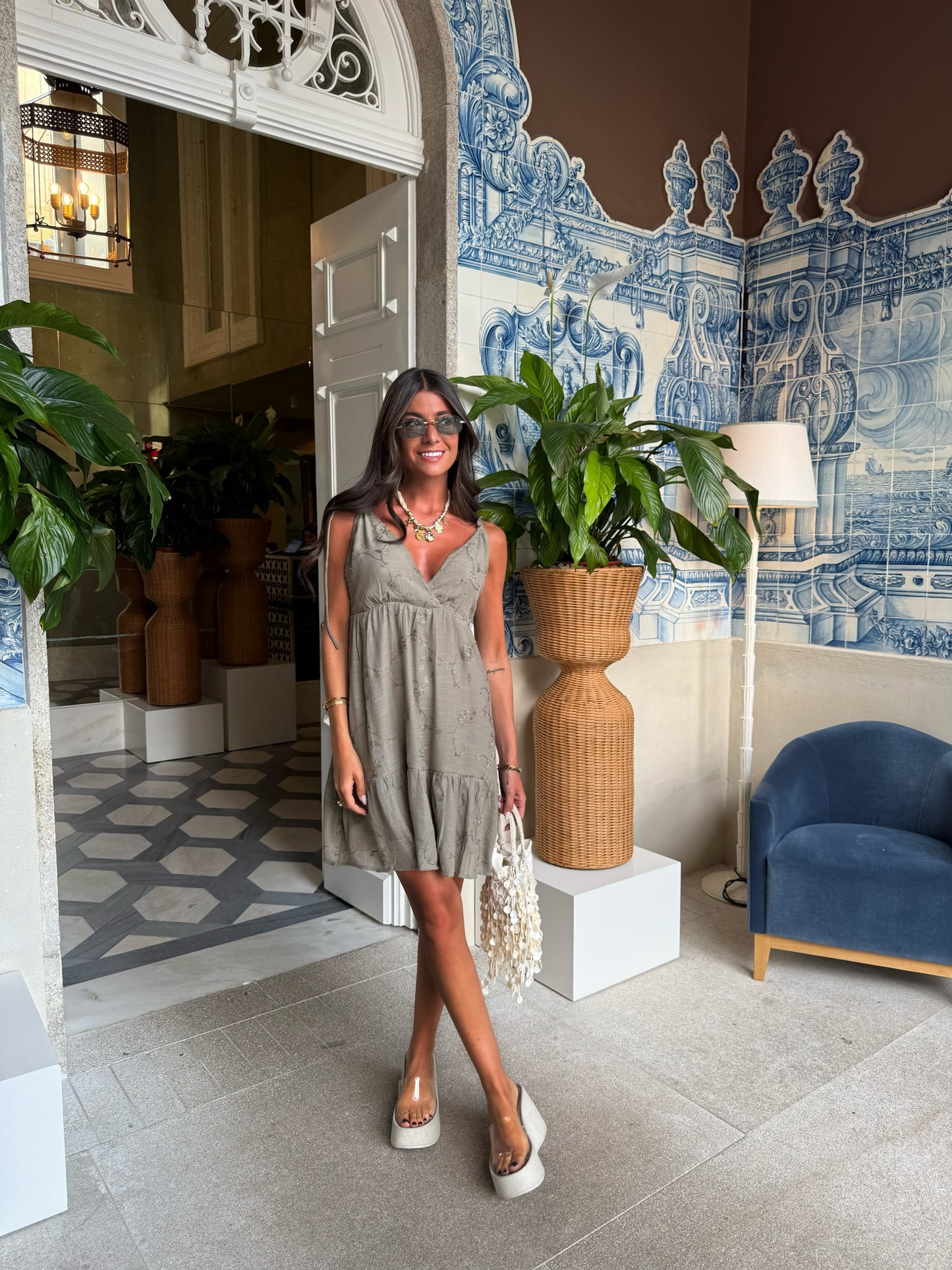 Boho Khaki Embroidered Dress