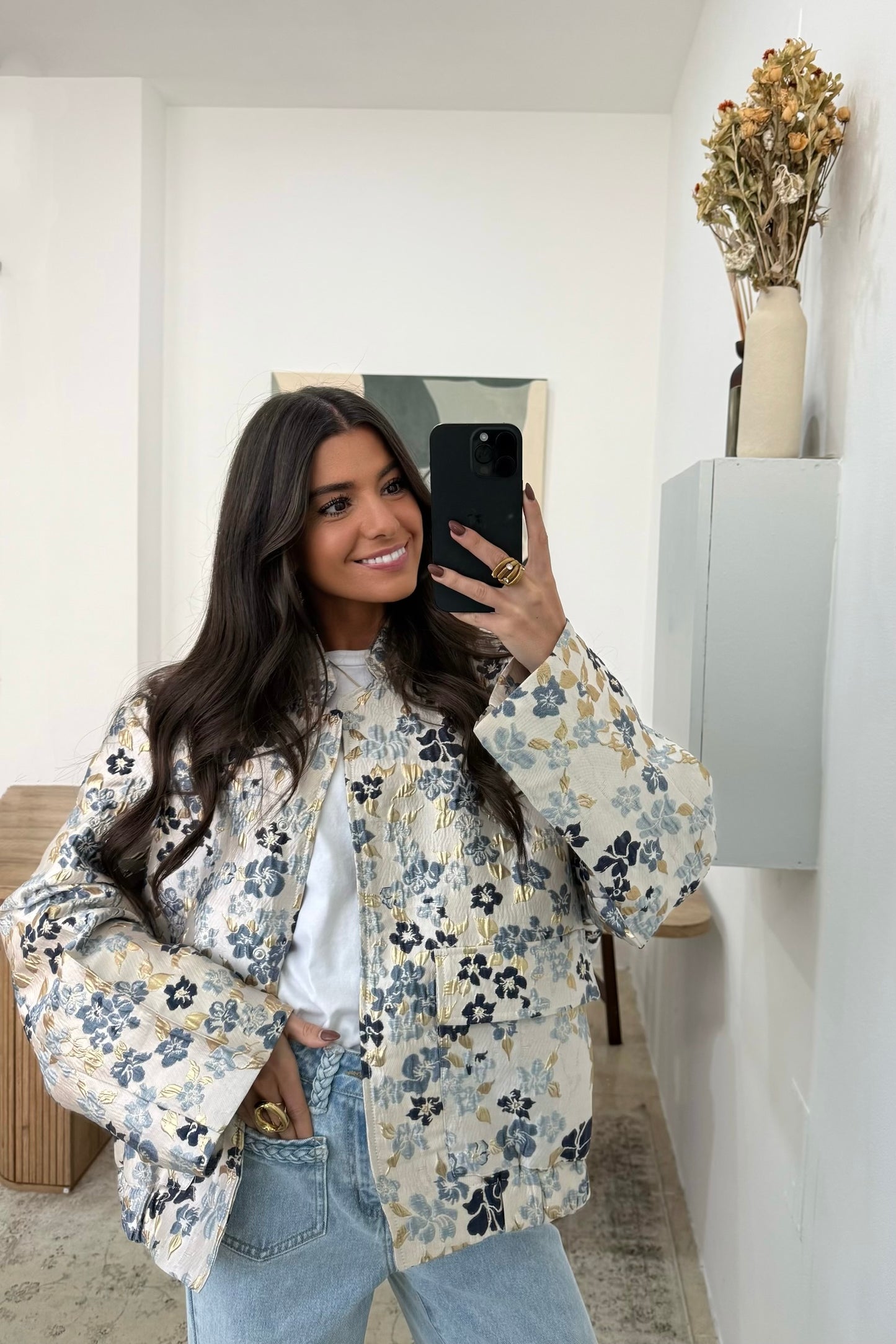 Blue Floral Bomber Jacket with Gold Accents