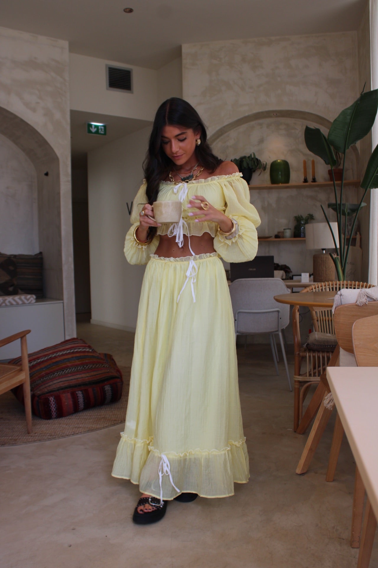 Two-piece Set in Butter Yellow: Crop Top and Lined Maxi Skirt