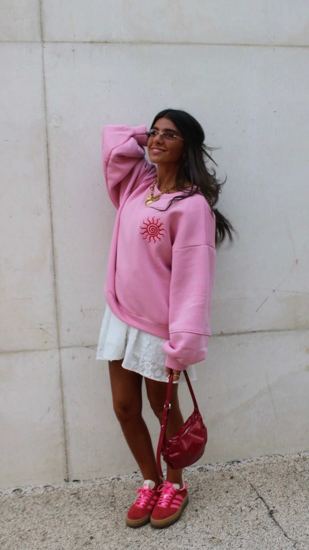 Pink Sweatshirt with Red Sun Embroidery
