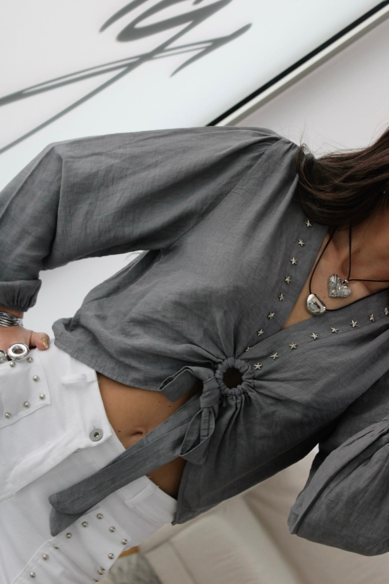 Cropped Top with Star Studs In Grey