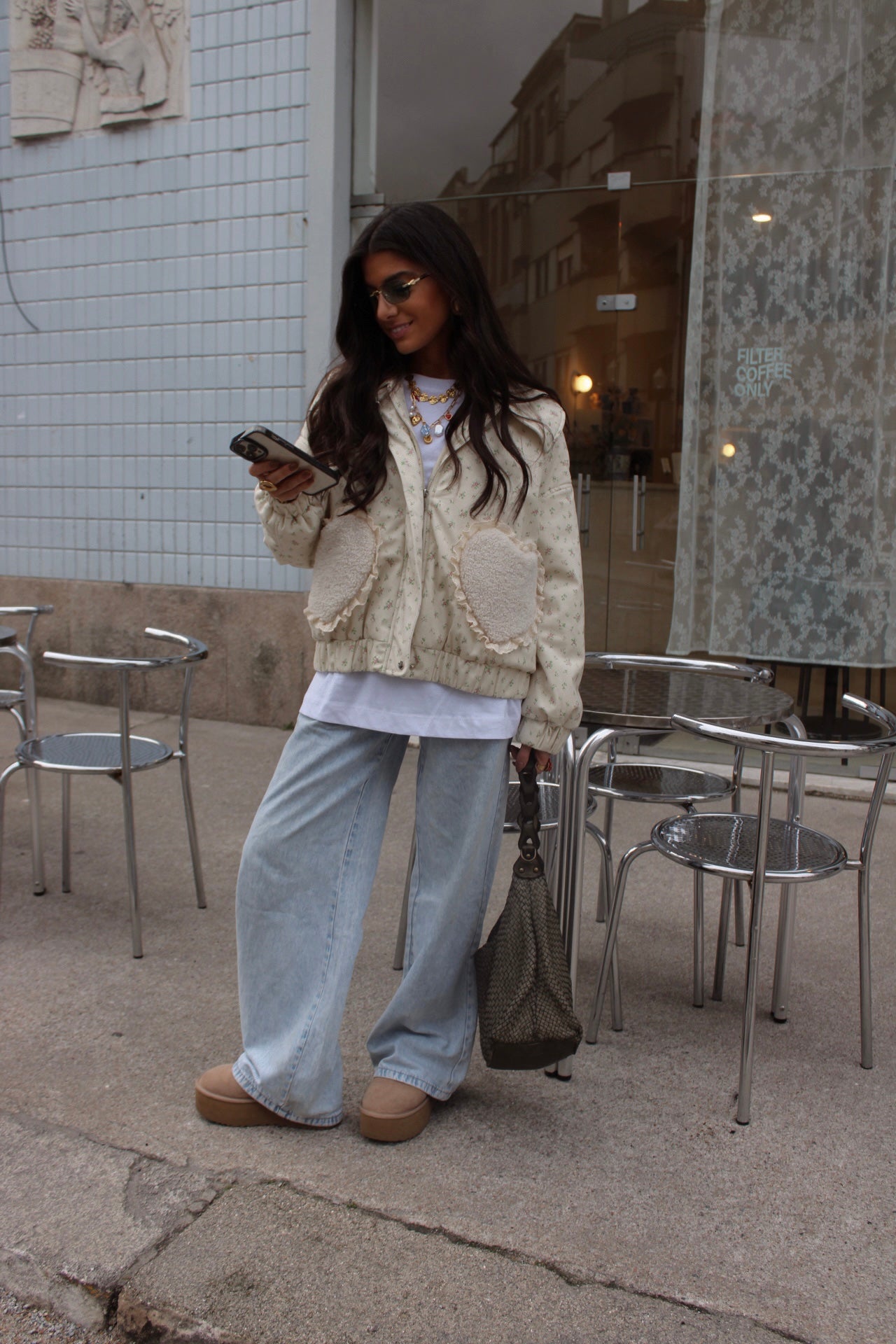 Floral Quilted Jacket with Fur Effect Pockets