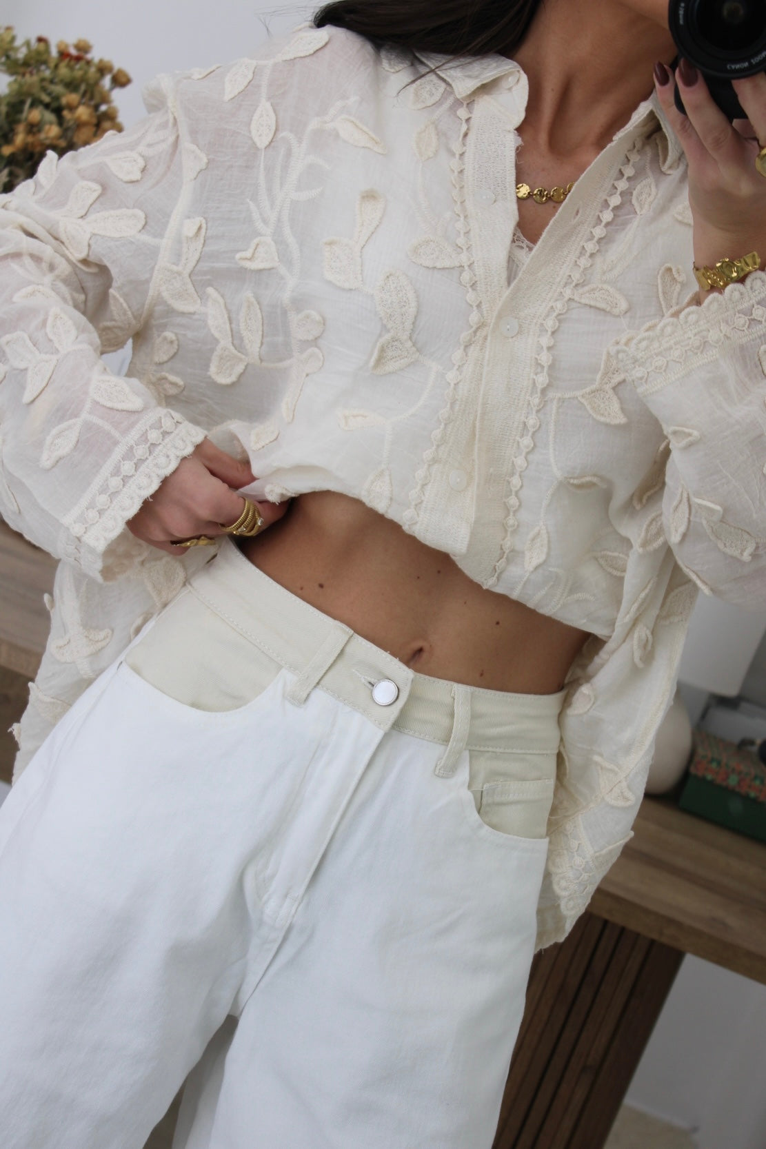 Wide Leg Jeans with Beige Waist