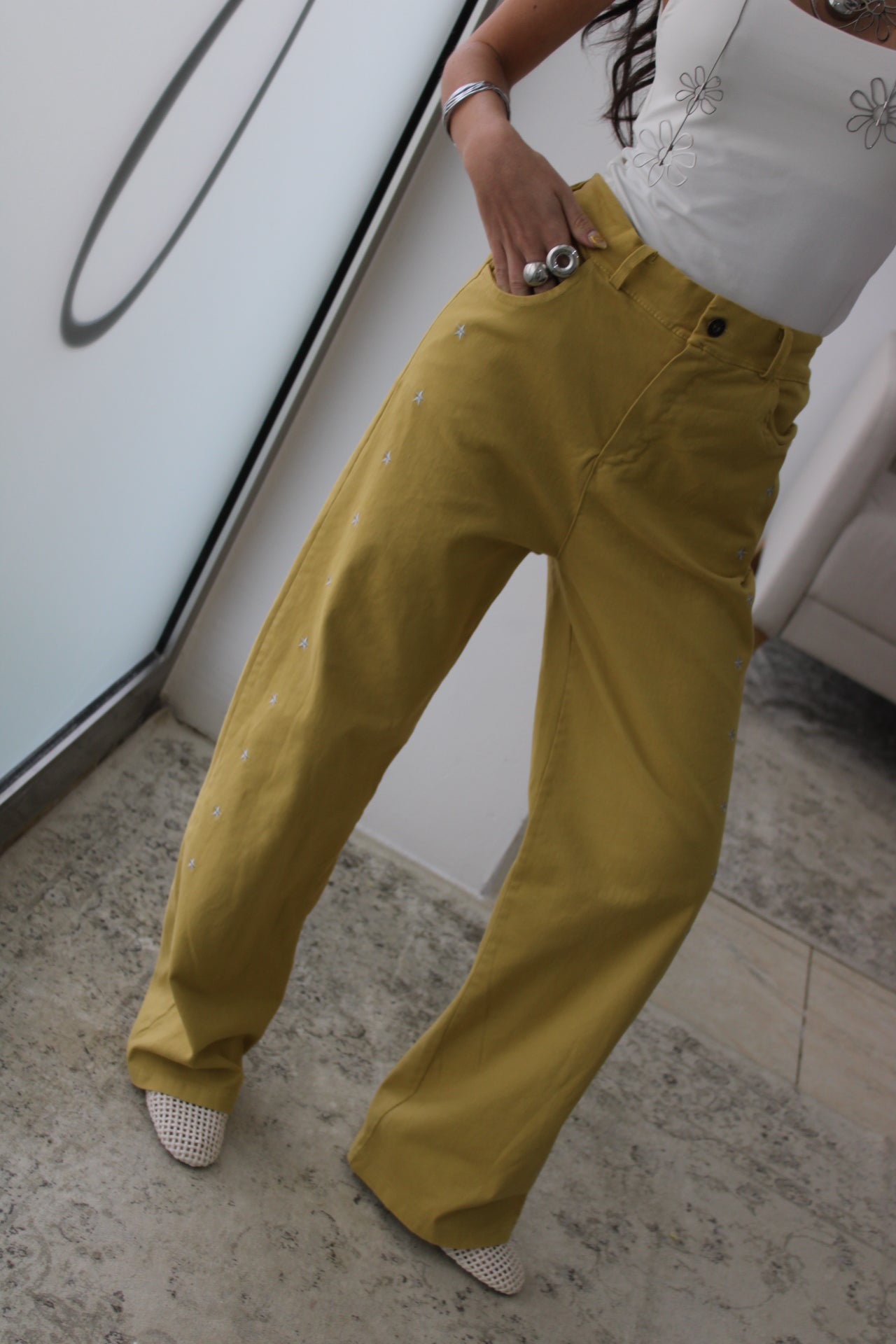 Mustard Jeans with Embroidered Details