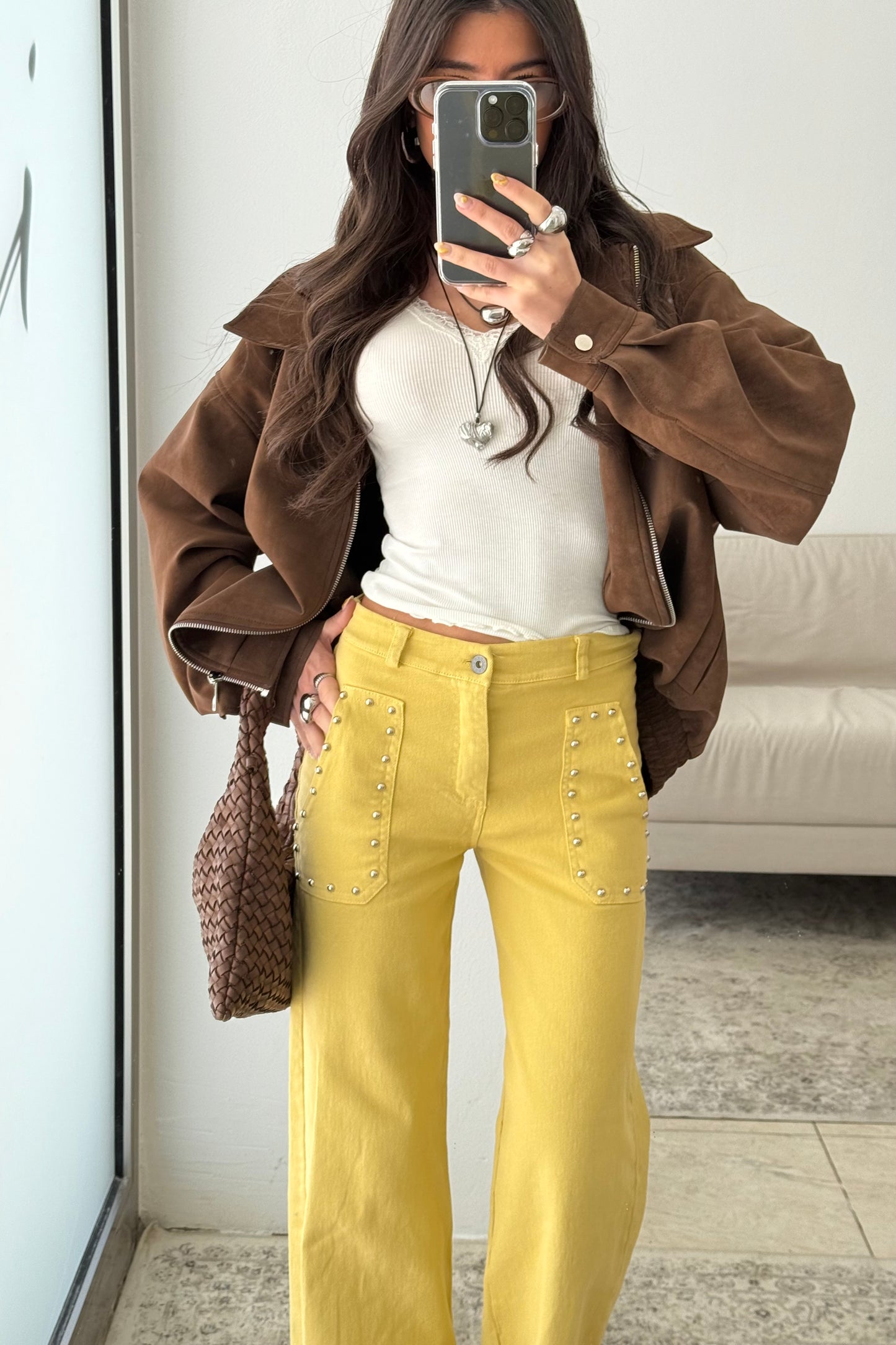 Yellow Jeans with Front Pockets and Studs