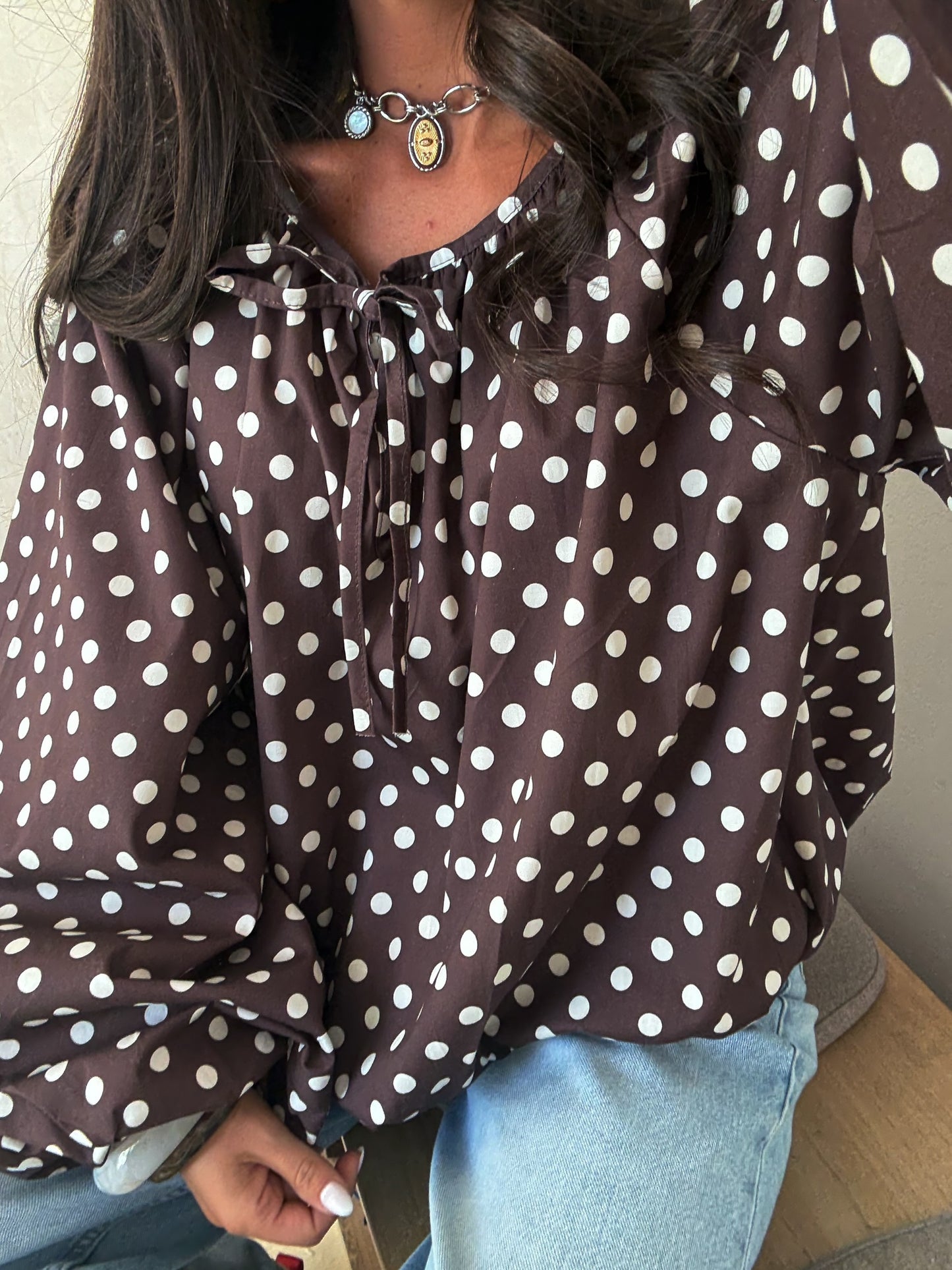 Polka Dot Balloon Blouse in Brown