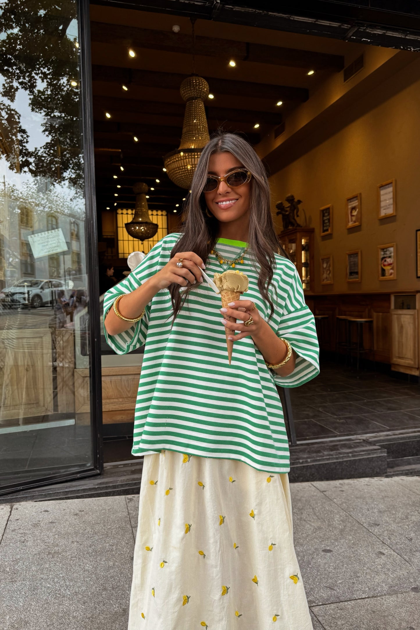 Green & White Striped Oversized T-Shirt