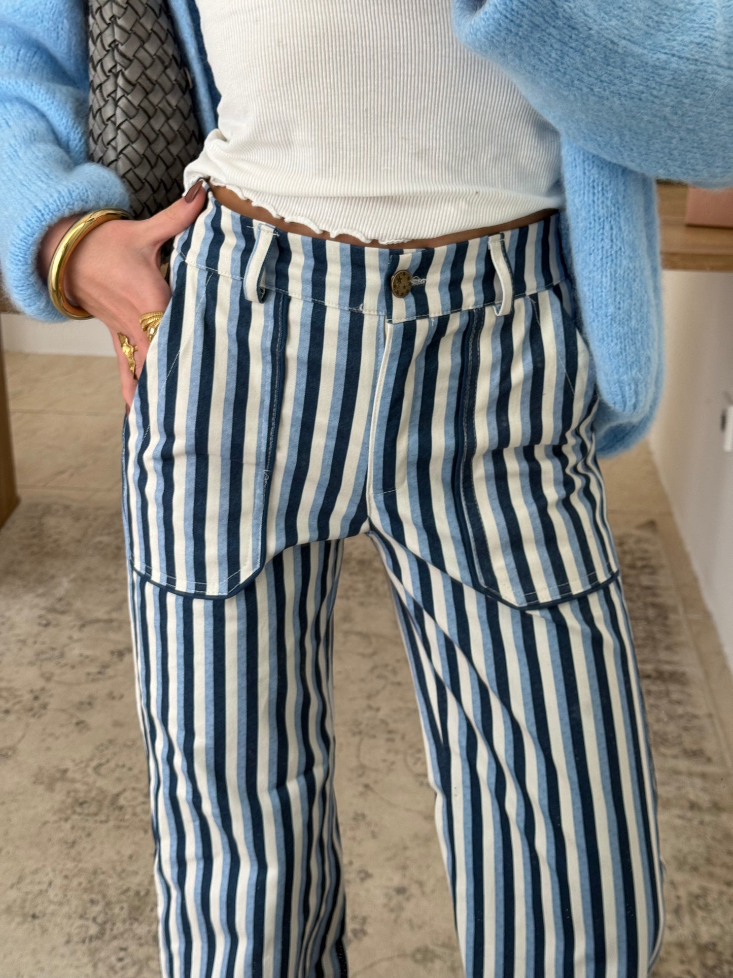 Blue Striped Pants with Front Pockets