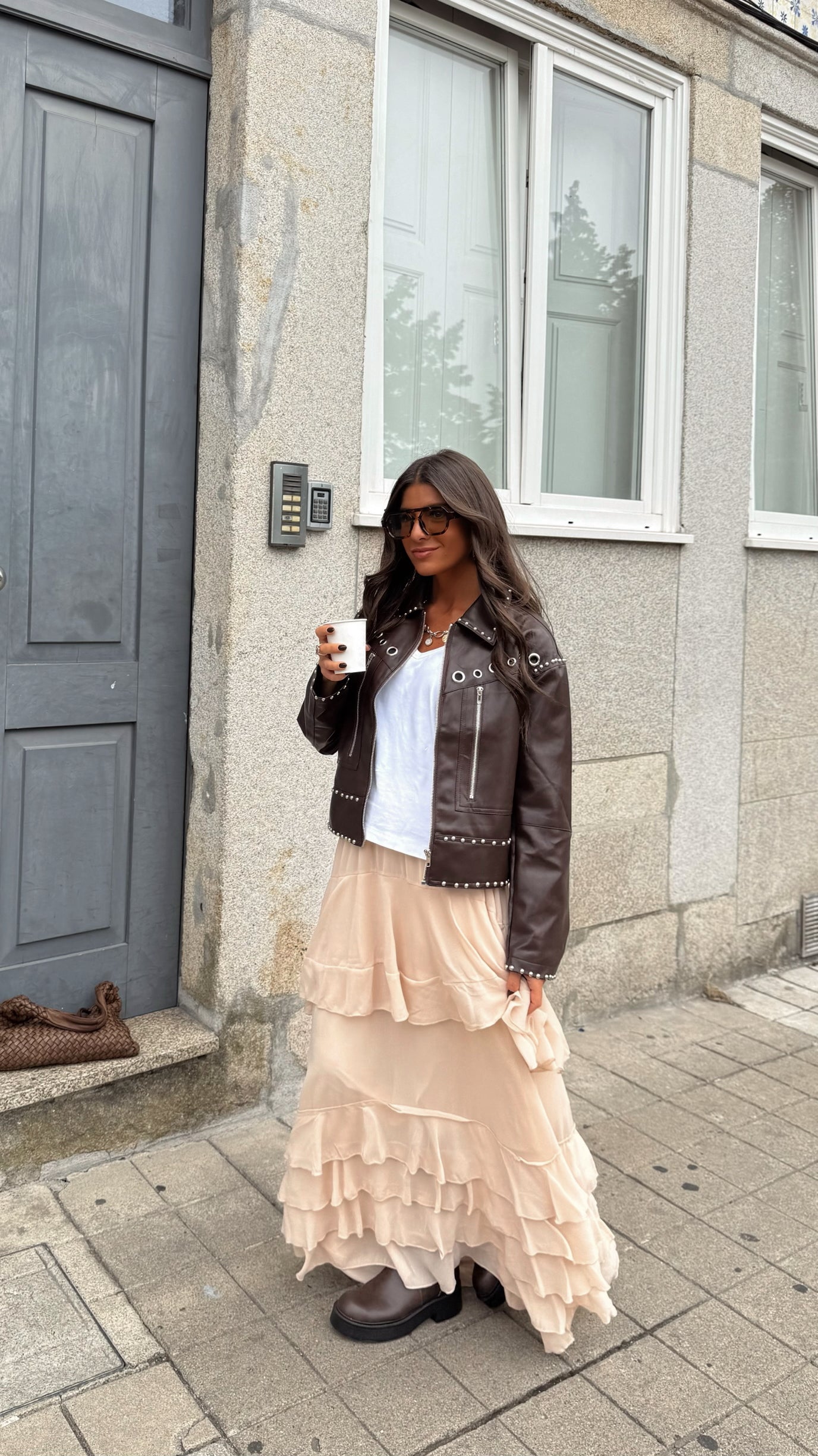 Studded Eyelet Jacket in Brown