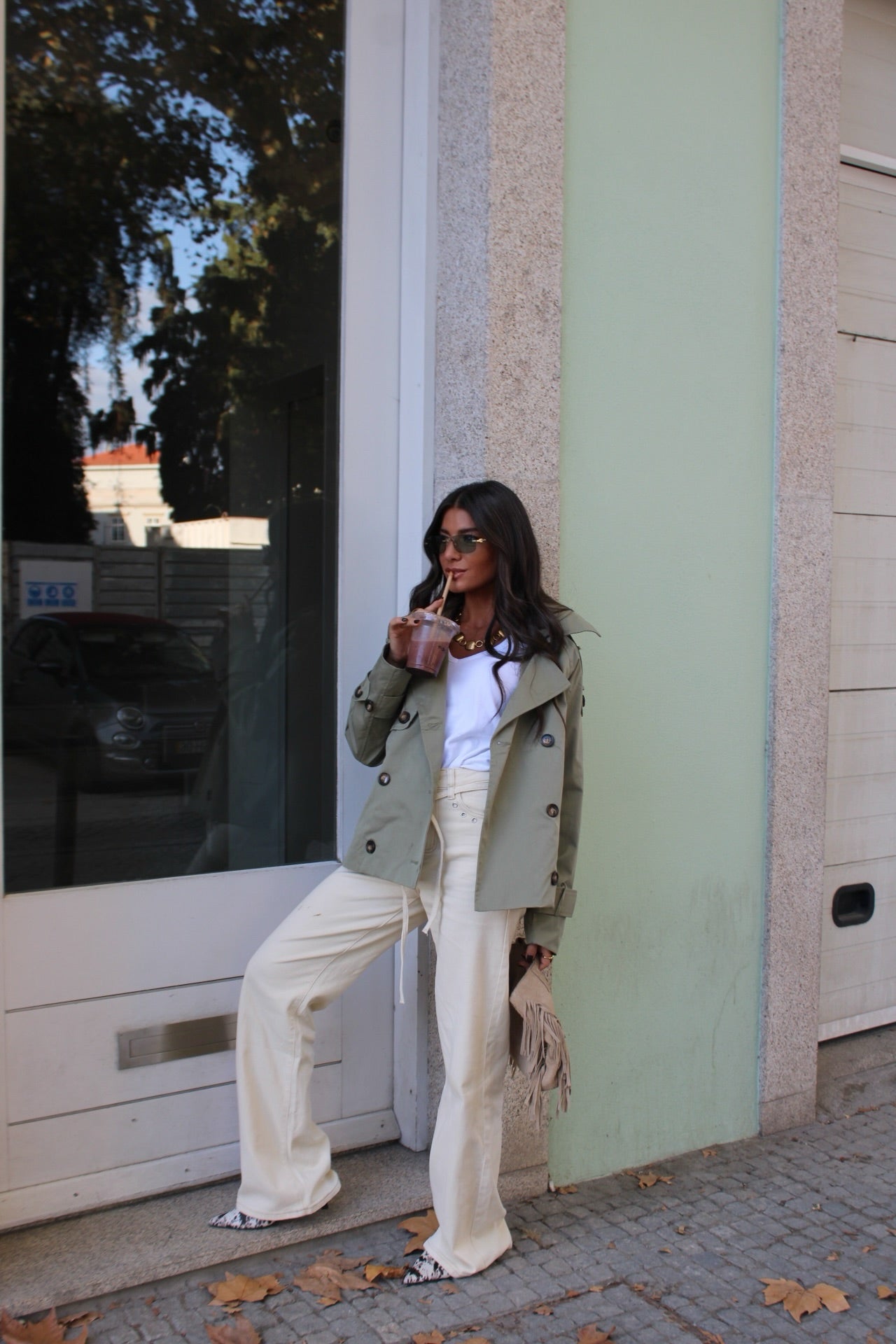 Cream Denim Pants with Eyelet Detail