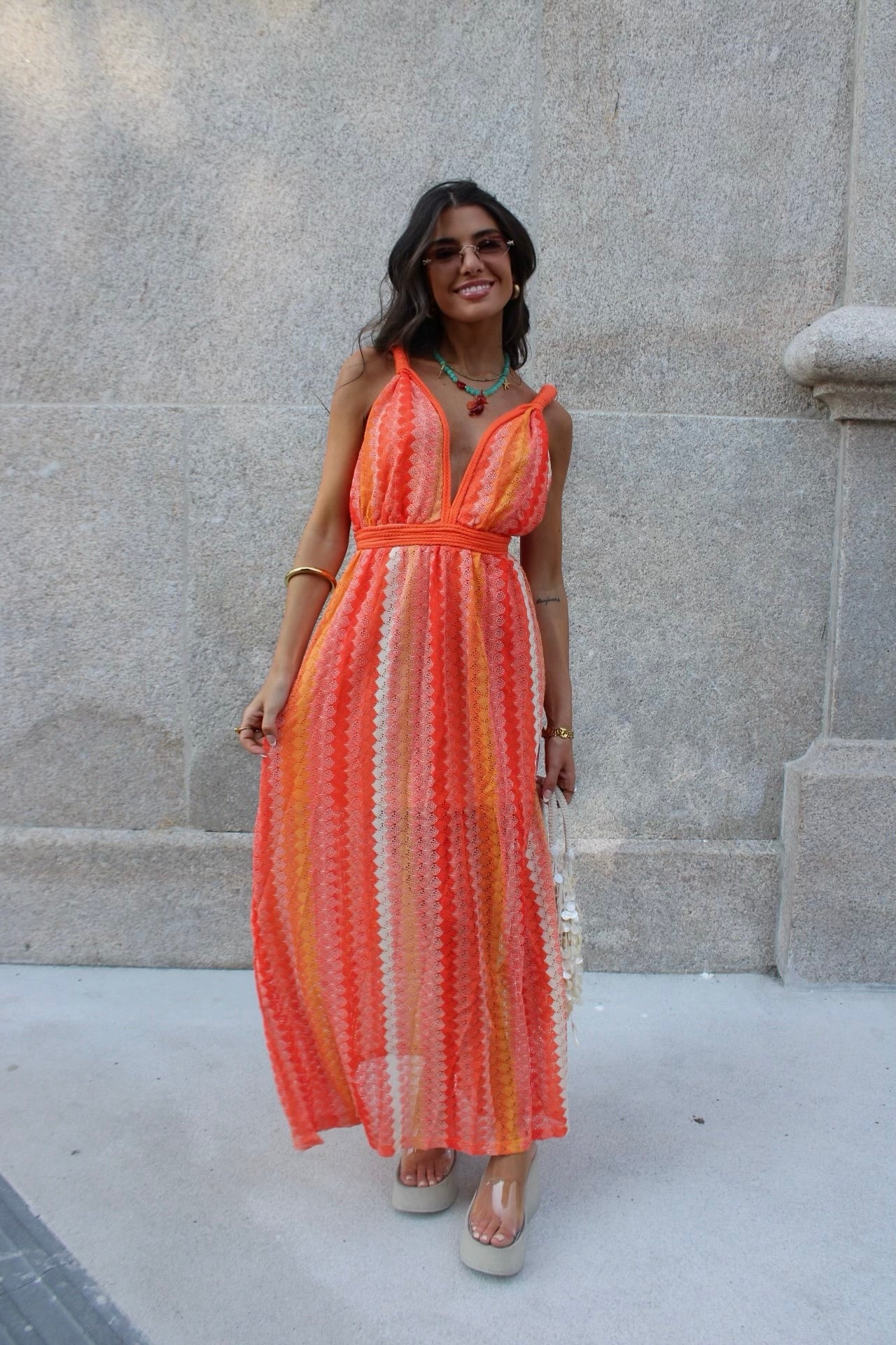Long Crochet Dress in Shades of Orange