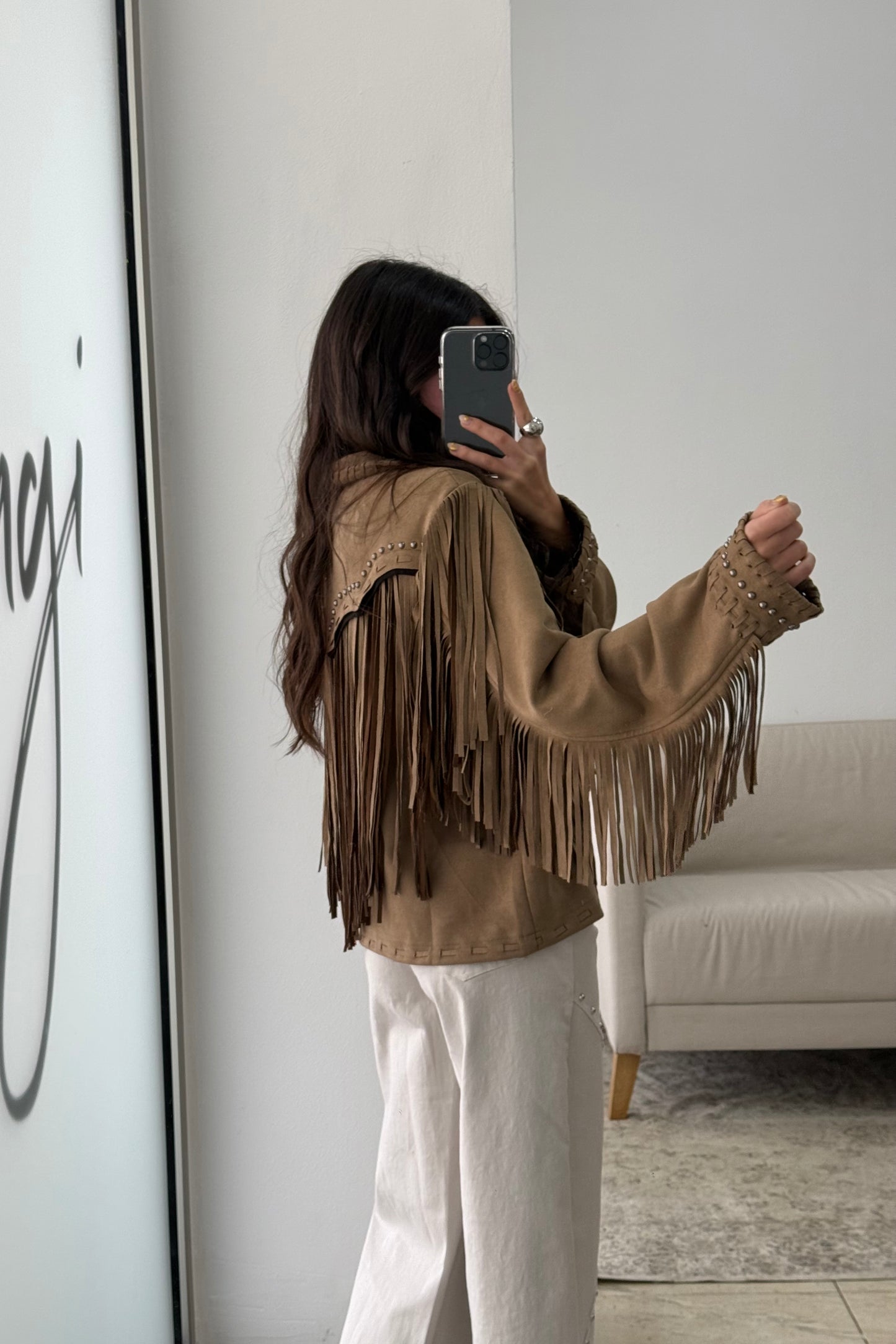 Suede-Effect Jacket with Fringe and Studded Details