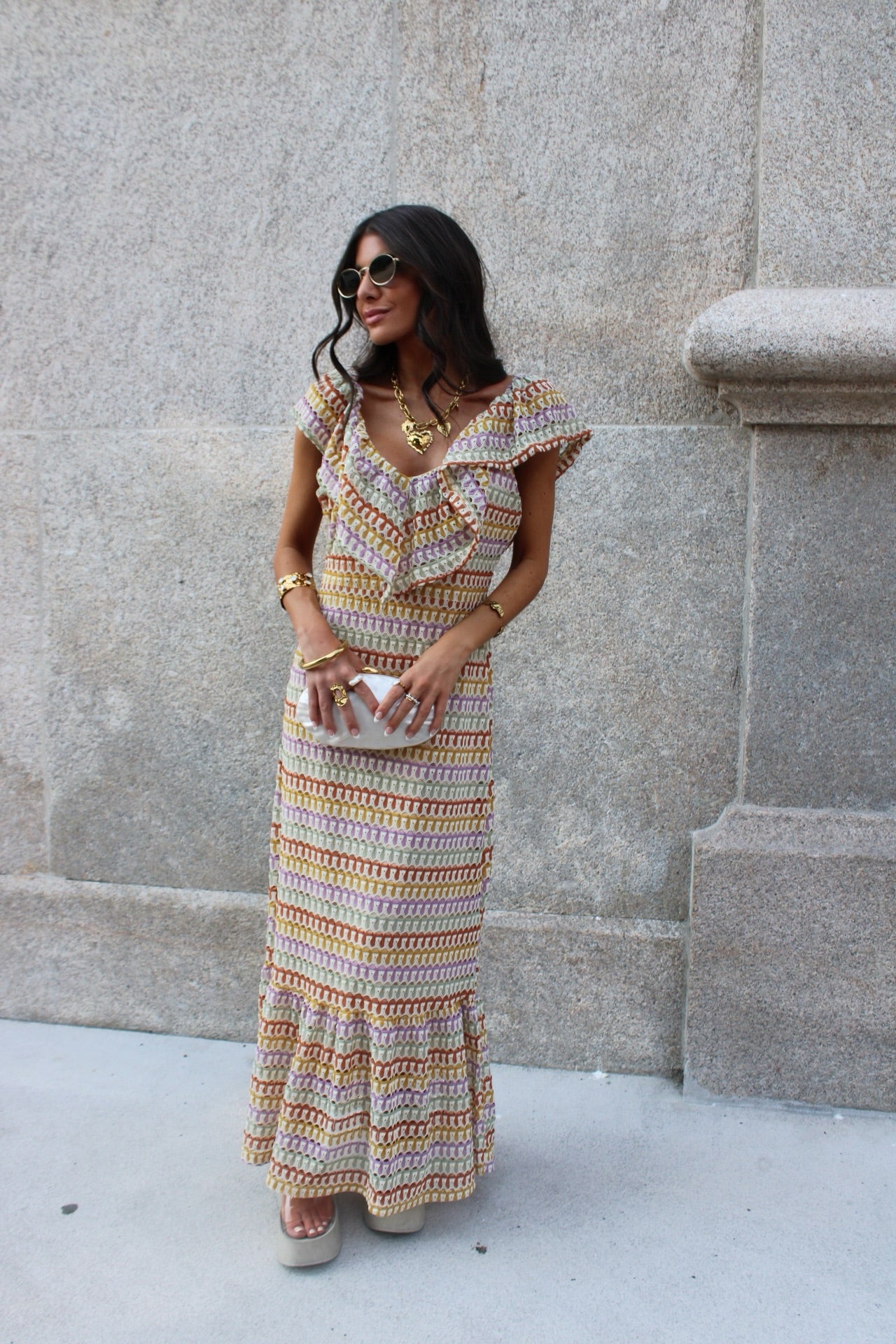 Crochet Long Dress in Soft Pastel Tones