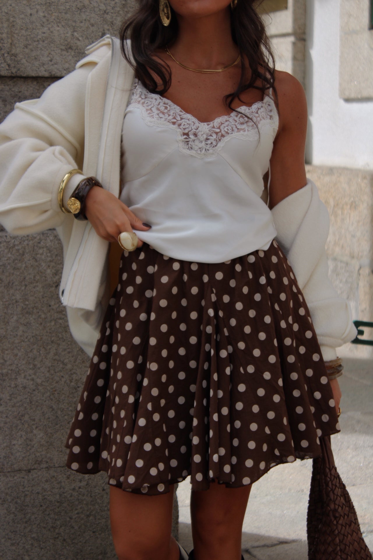 Polka Dot Pleated Skirt in Brown