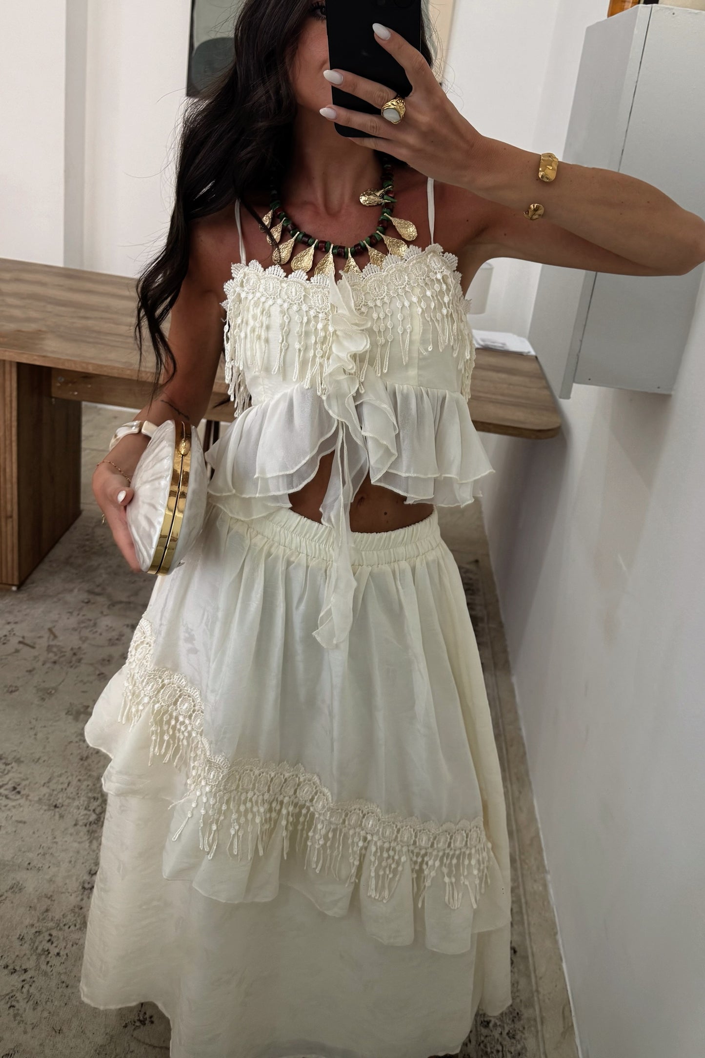 Two-Piece Cream Set: Crop Top and Lined Midi Skirt