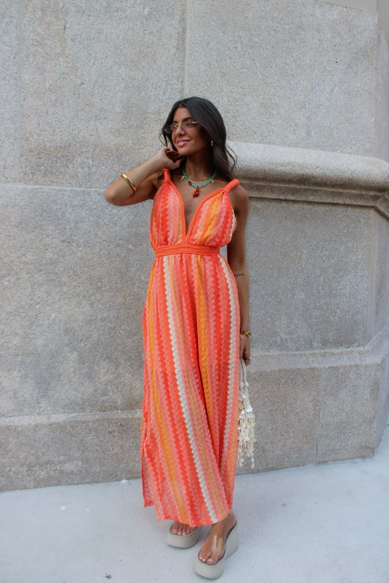 Long Crochet Dress in Shades of Orange