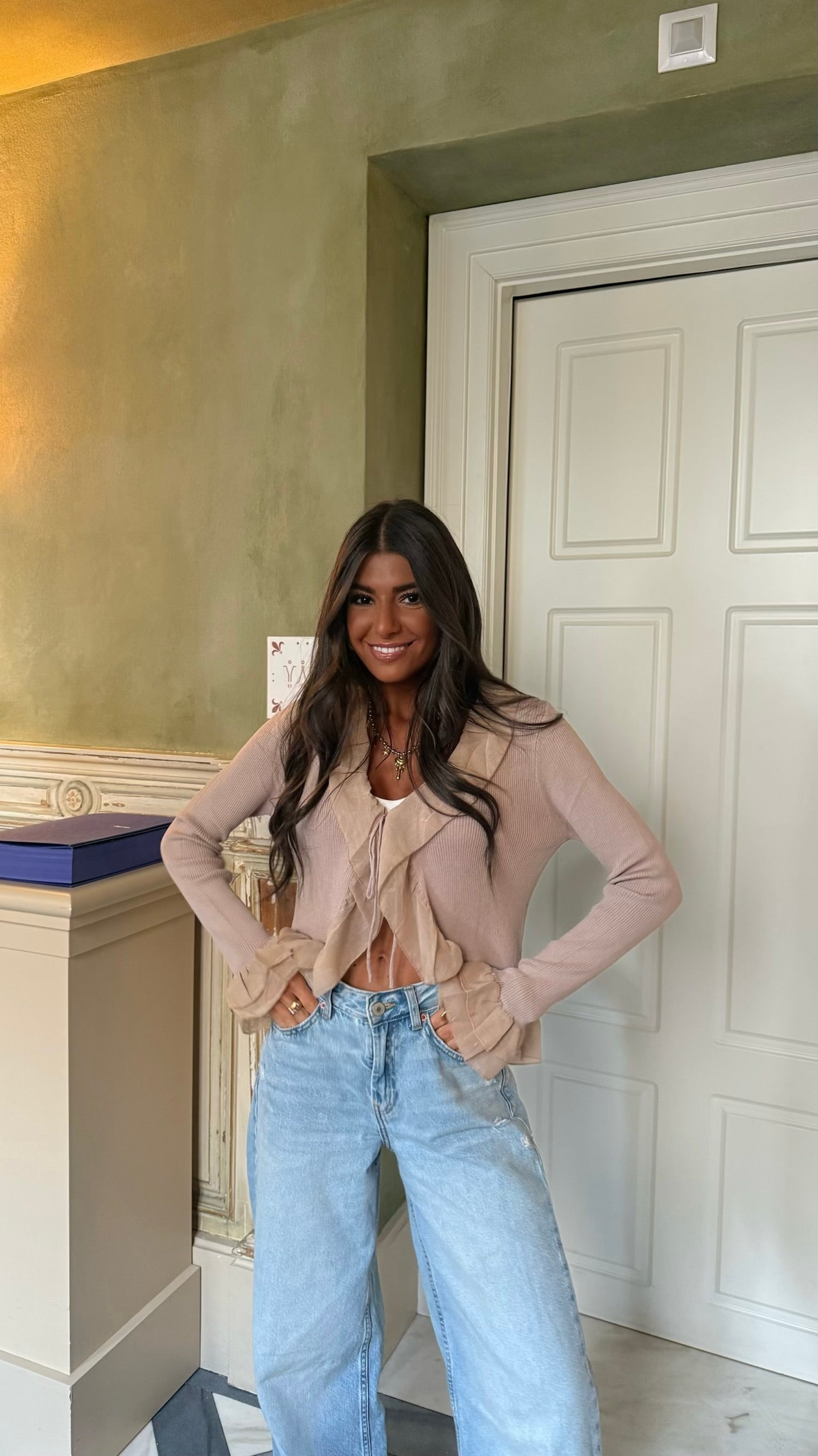 Beige Ruffle Trim Ribbed Blouse