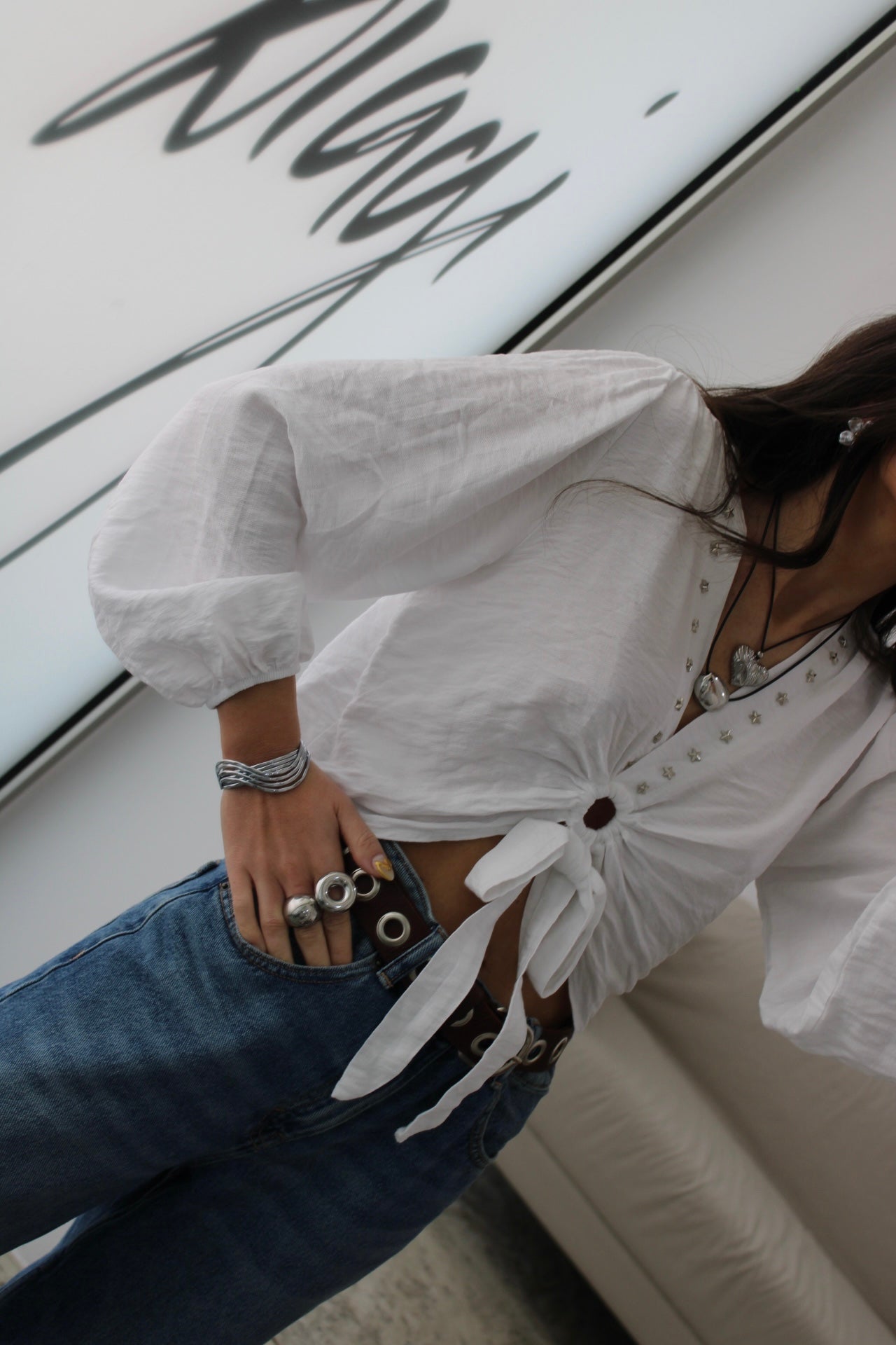 Cropped Top with Star Studs In White