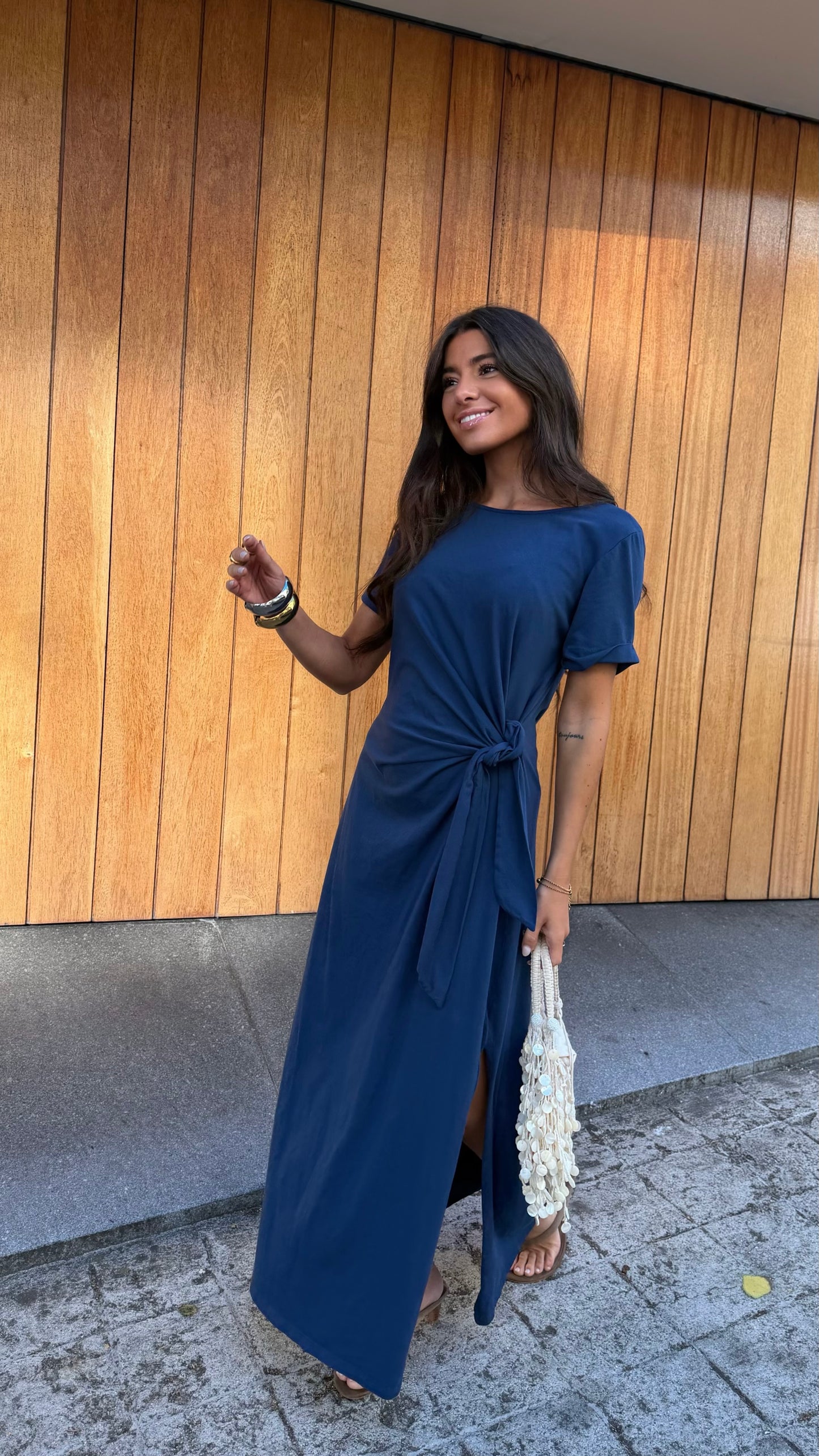Long Dress with Side Knot in Navy