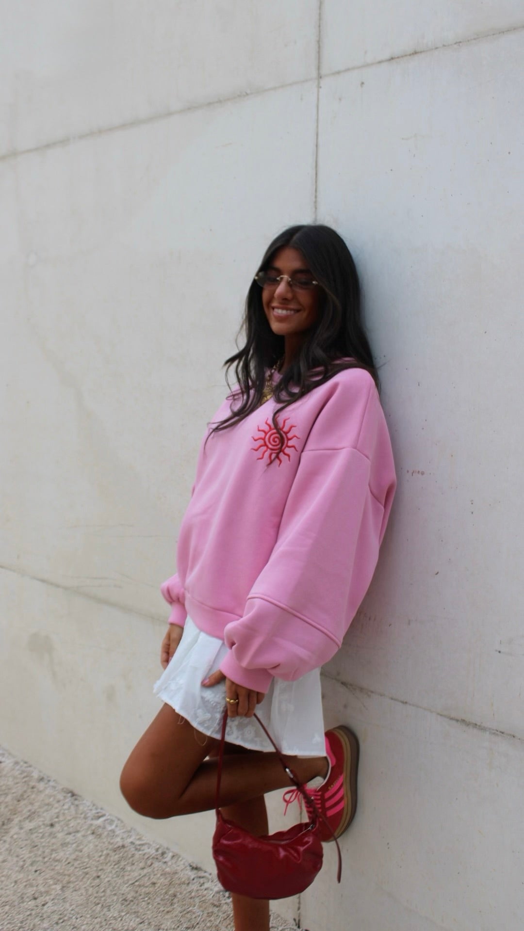 Pink Sweatshirt with Red Sun Embroidery