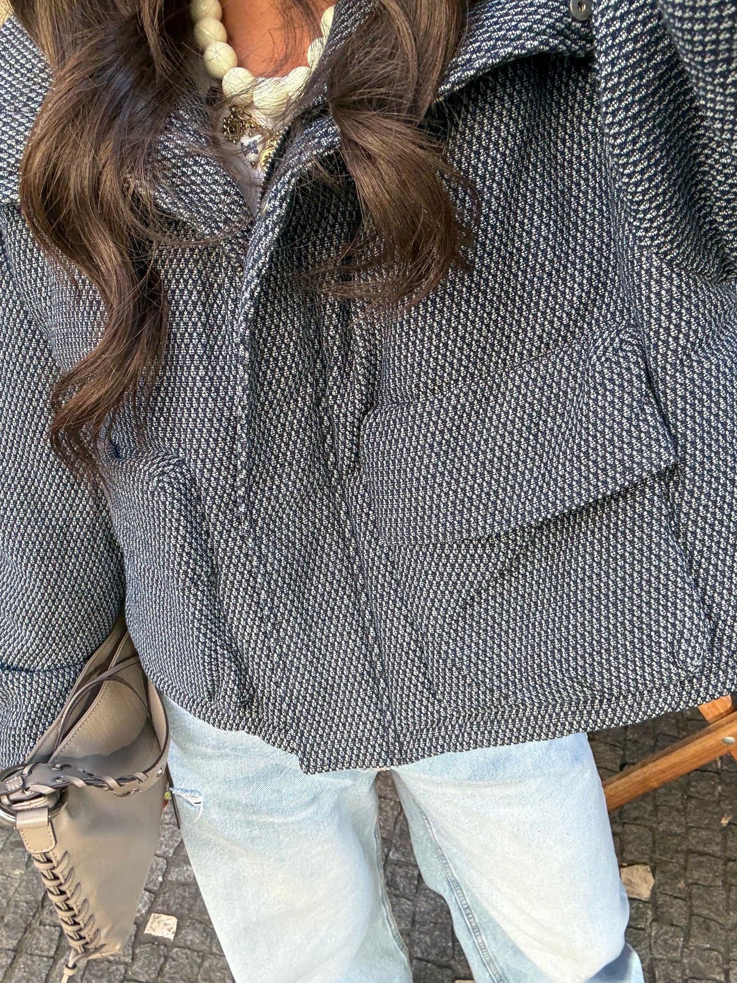 Textured Denim Effect Puffer Jacket