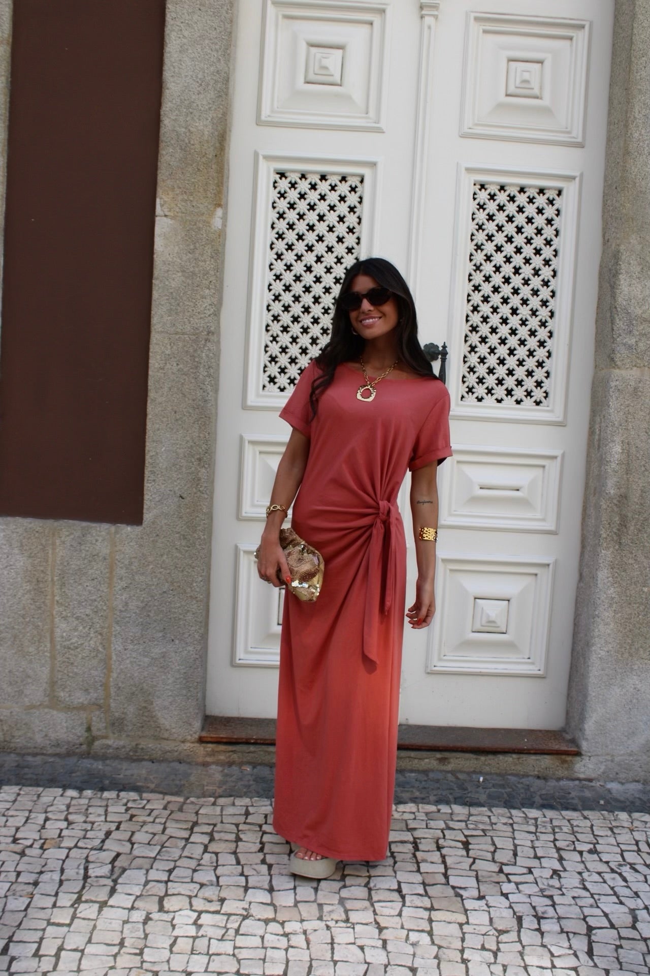 Long Dress with Side Knot in Terracotta