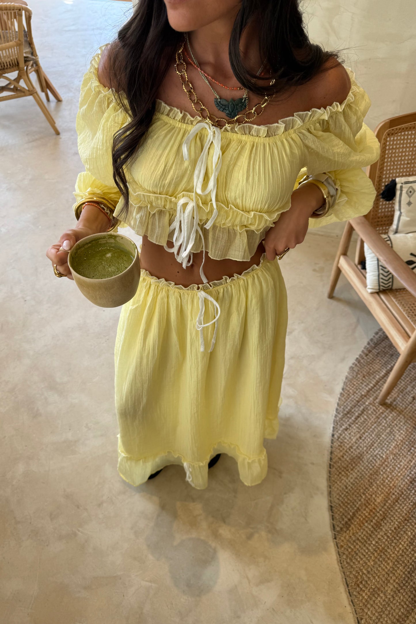 Two-piece Set in Butter Yellow: Crop Top and Lined Maxi Skirt