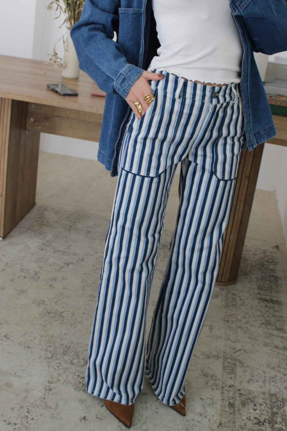 Blue Striped Pants with Front Pockets