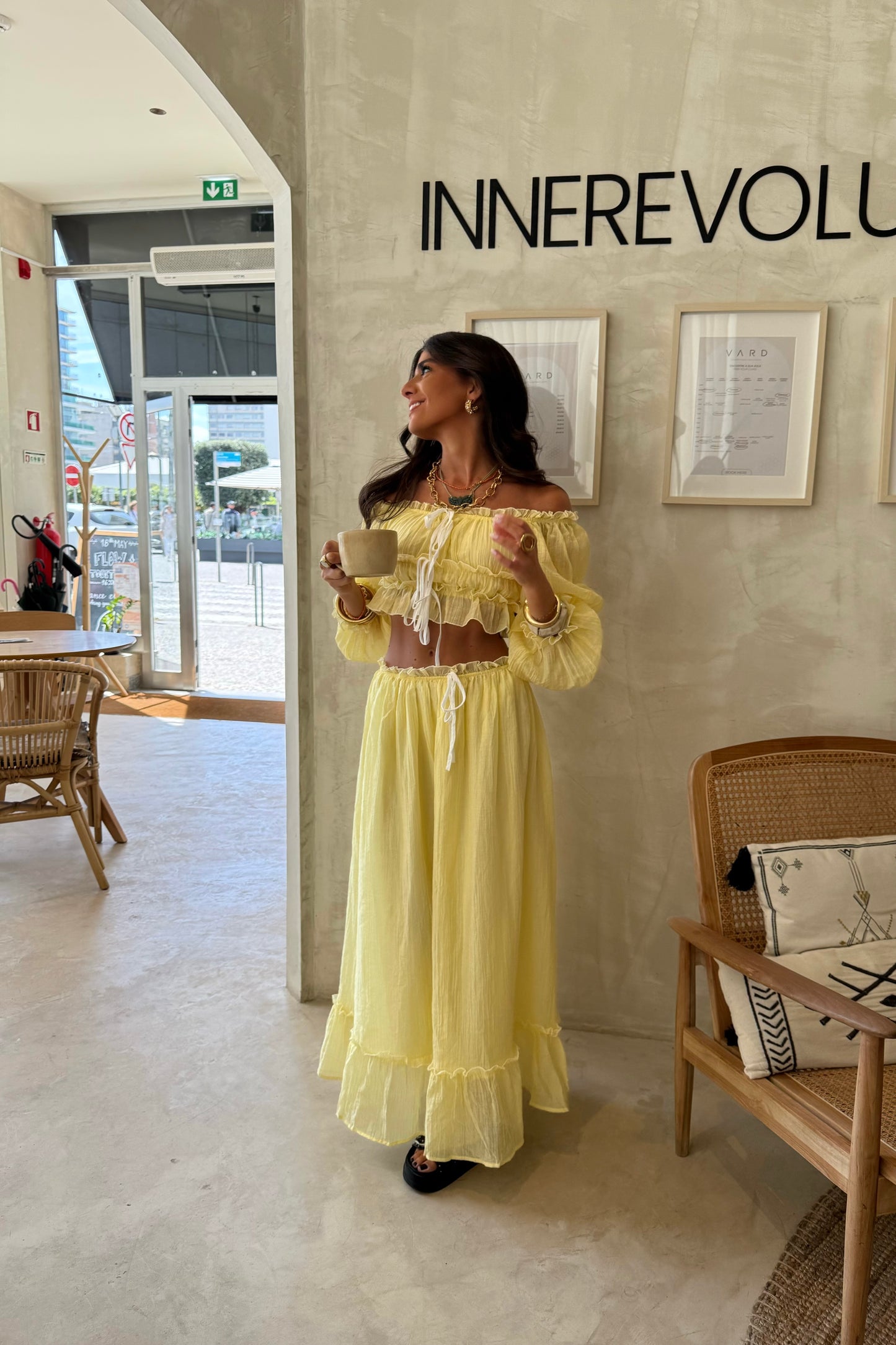Two-piece Set in Butter Yellow: Crop Top and Lined Maxi Skirt