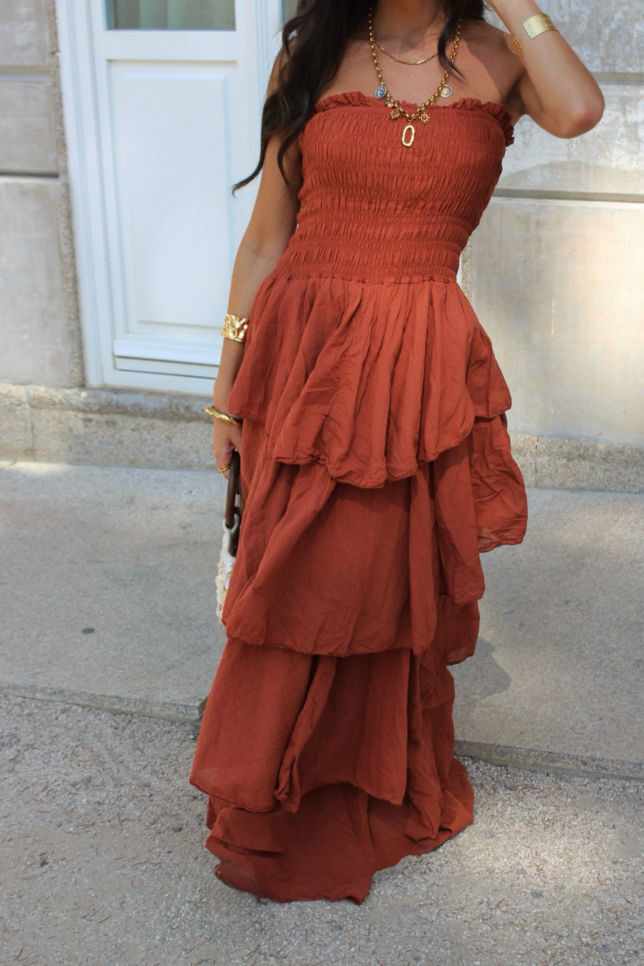 Dark Terracotta Tiered Maxi Dress
