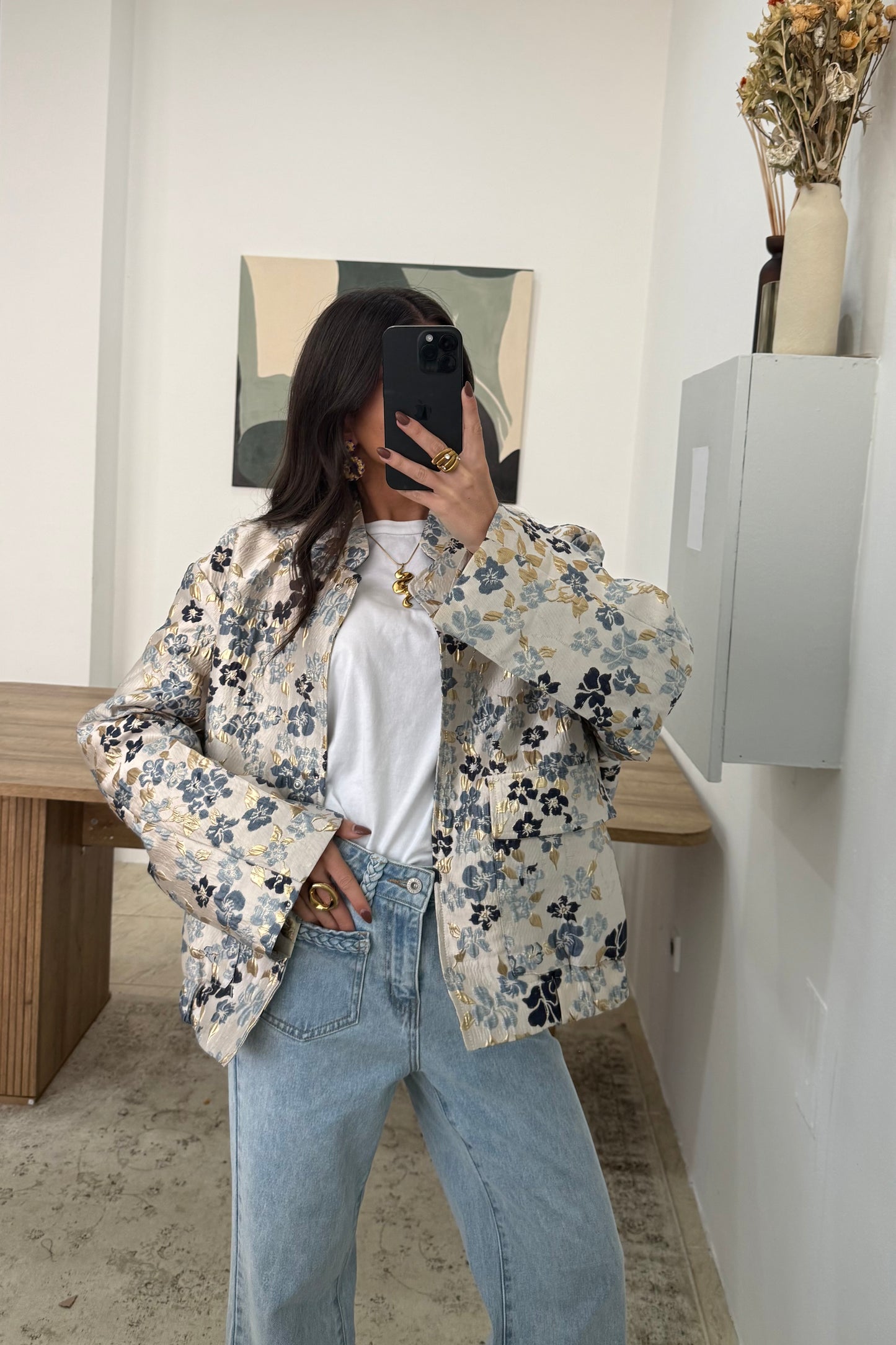 Blue Floral Bomber Jacket with Gold Accents