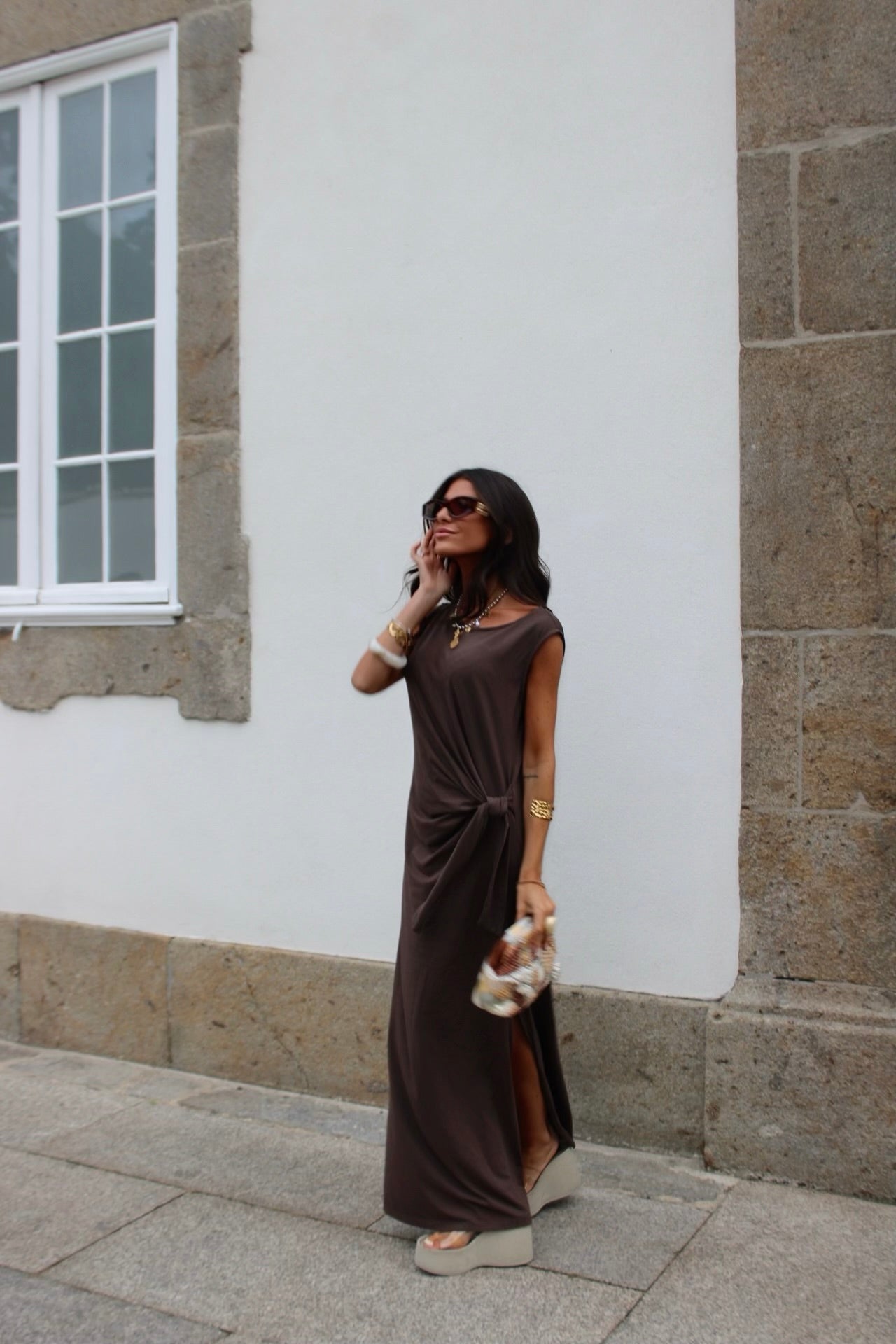 Long Dress with Side Knot in Brown