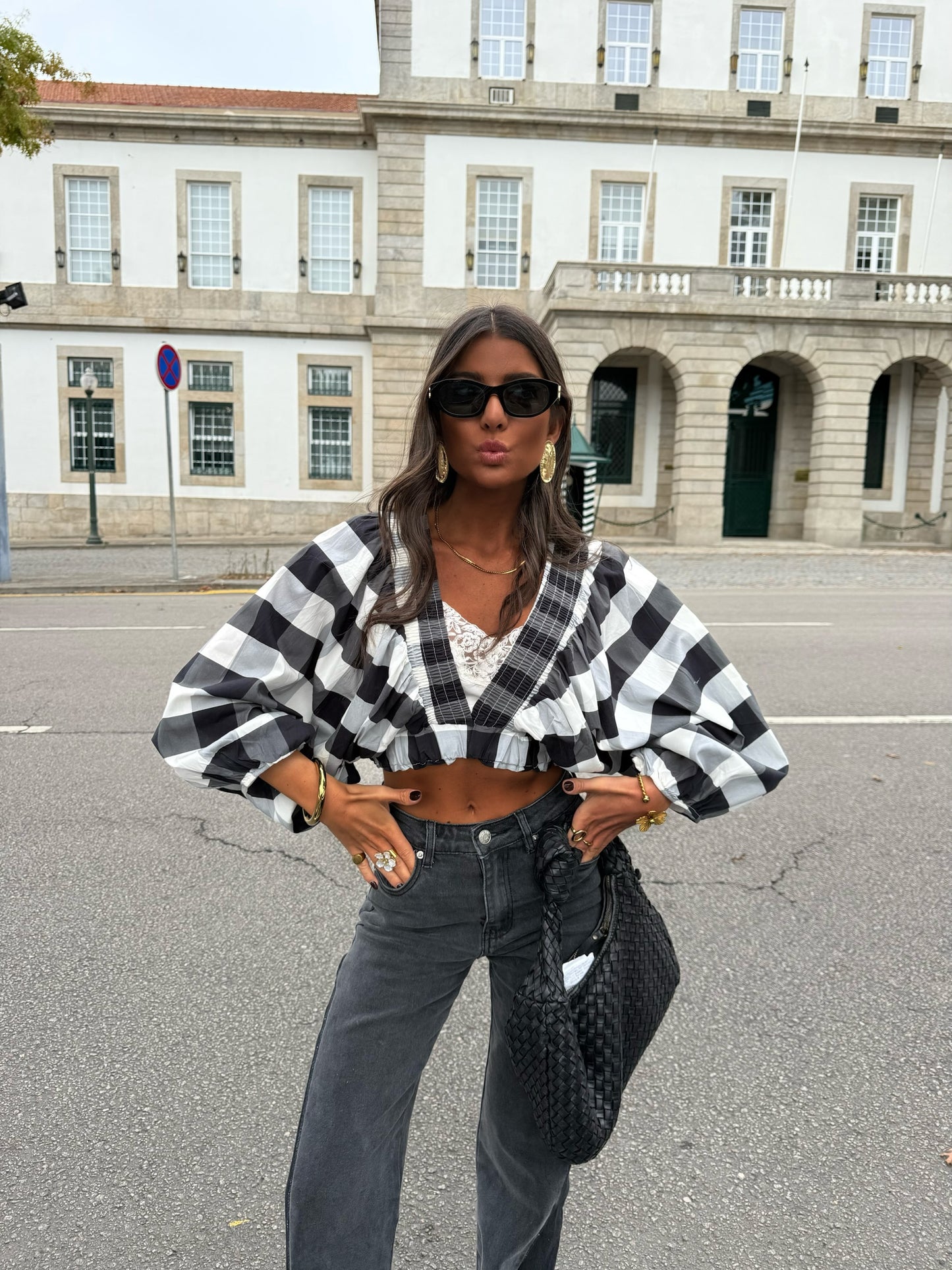 Black & White Vichy Crop Top with Balloon Sleeves