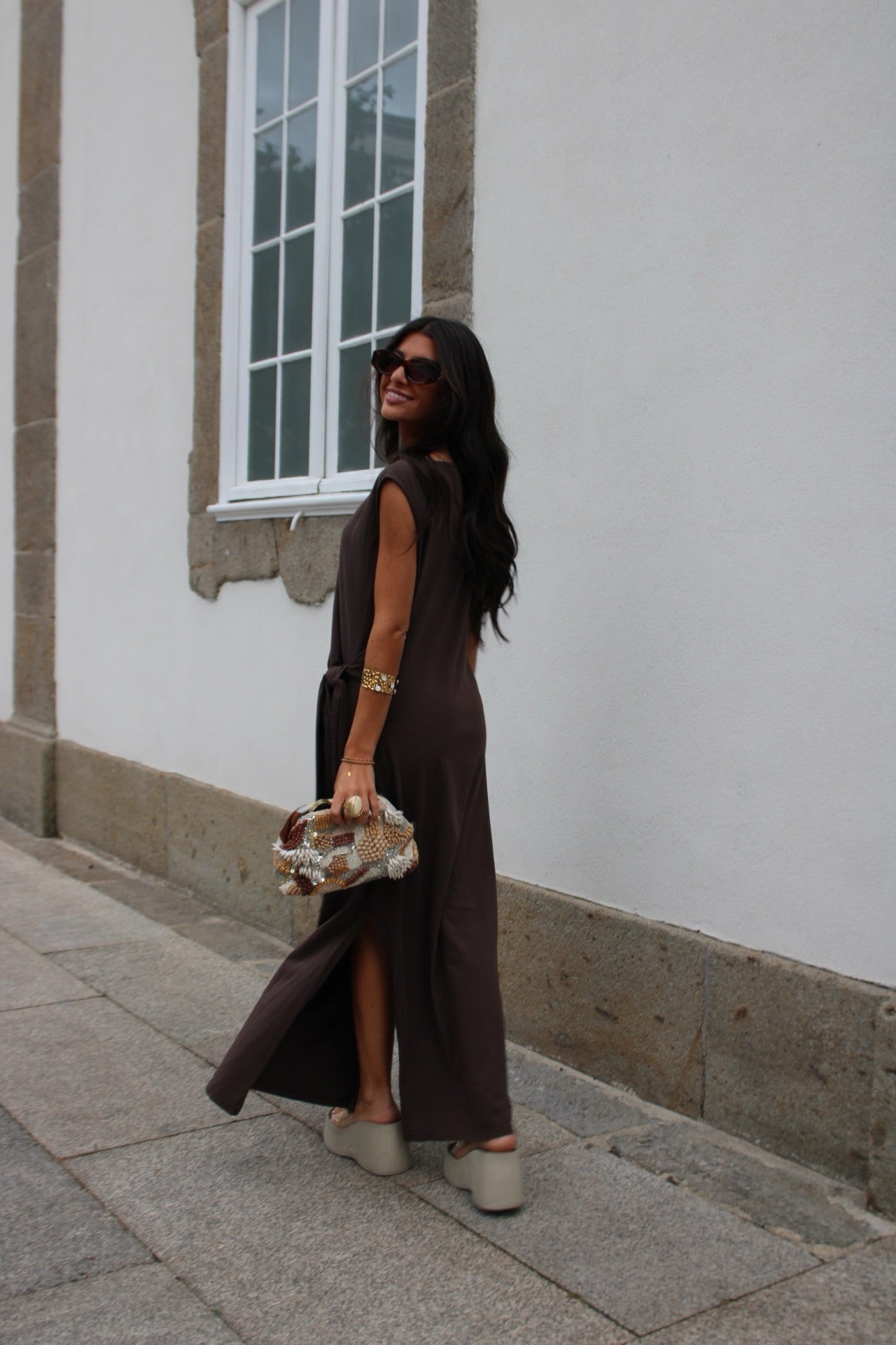 Long Dress with Side Knot in Brown