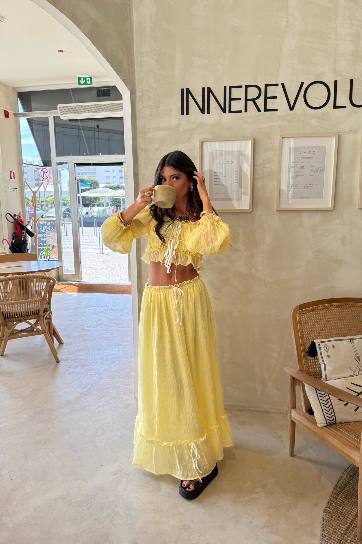 Two-piece Set in Butter Yellow: Crop Top and Lined Maxi Skirt