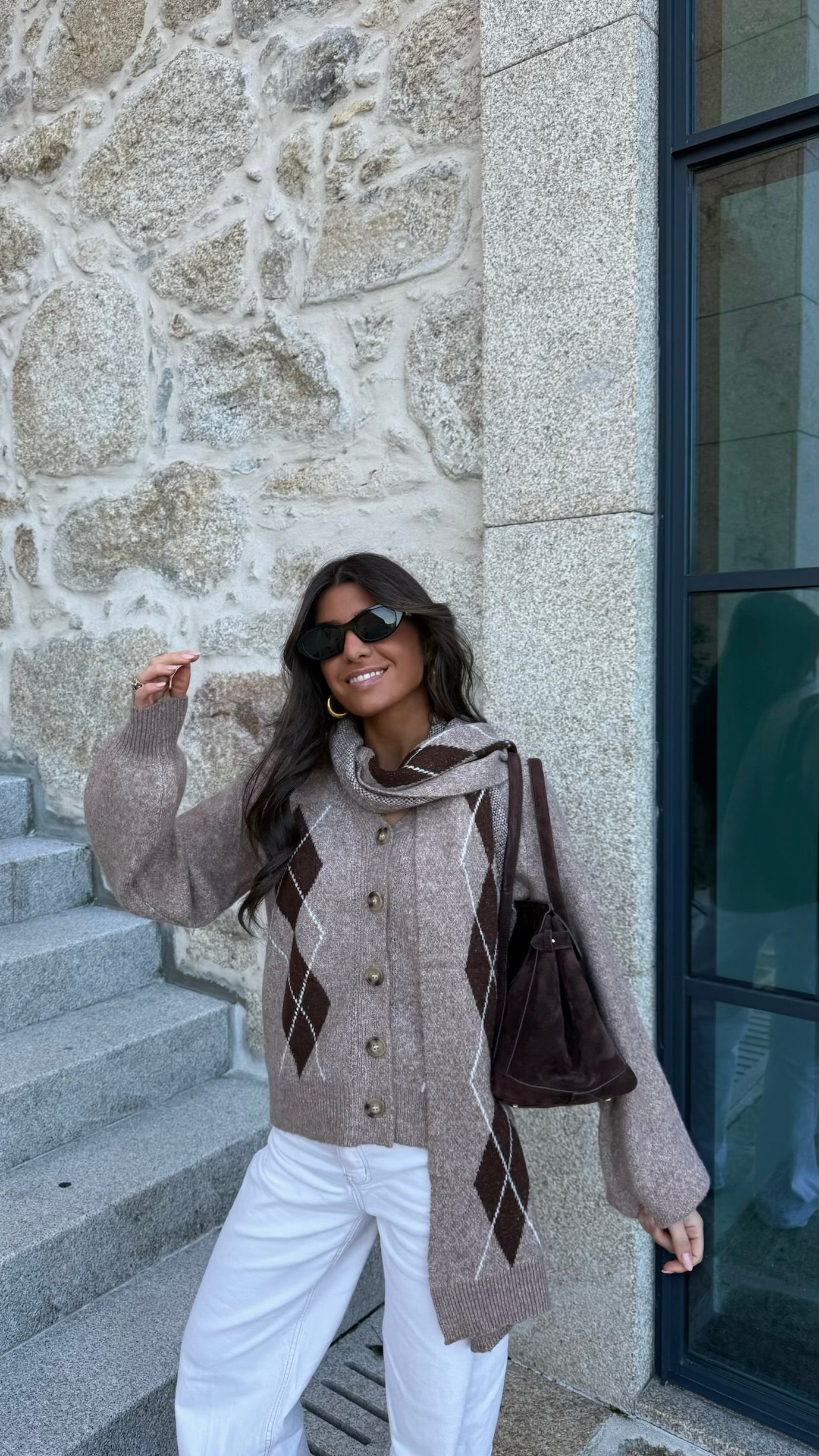 Argyle Pattern Cardigan with Matching Scarf